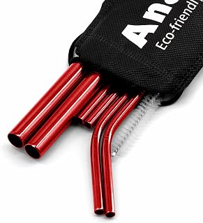 Anaeat 6 Pack Reusable Food-Grade Stainless Steel Straws, Durable Long Metal Drinking Straw with Cleaning Brush & Travel Case - 2 Bent, 2 Straight & 2 Boba Straws for Smoothie, Bubble Tea (Red)