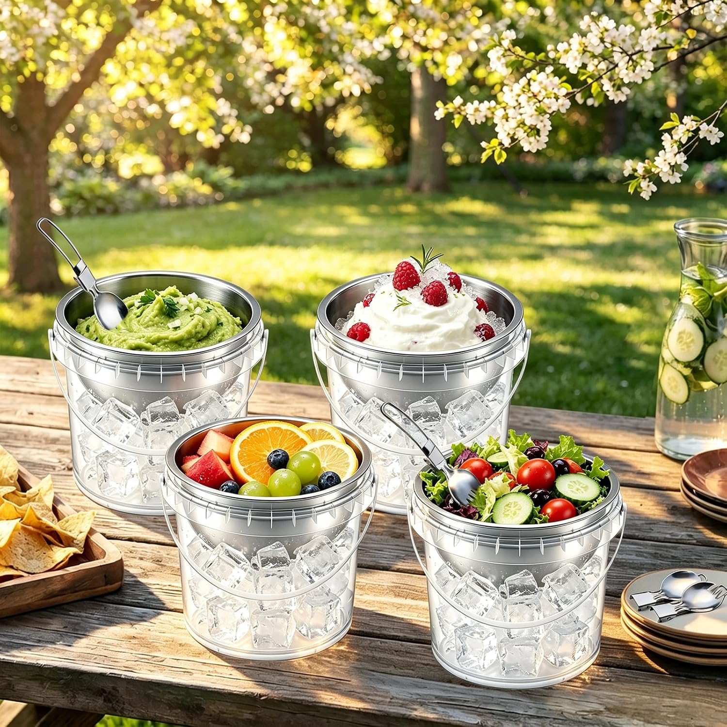 6 Pack 34oz Chilled Dip Bowls with Handled Ice Bases, Lids & Spoons