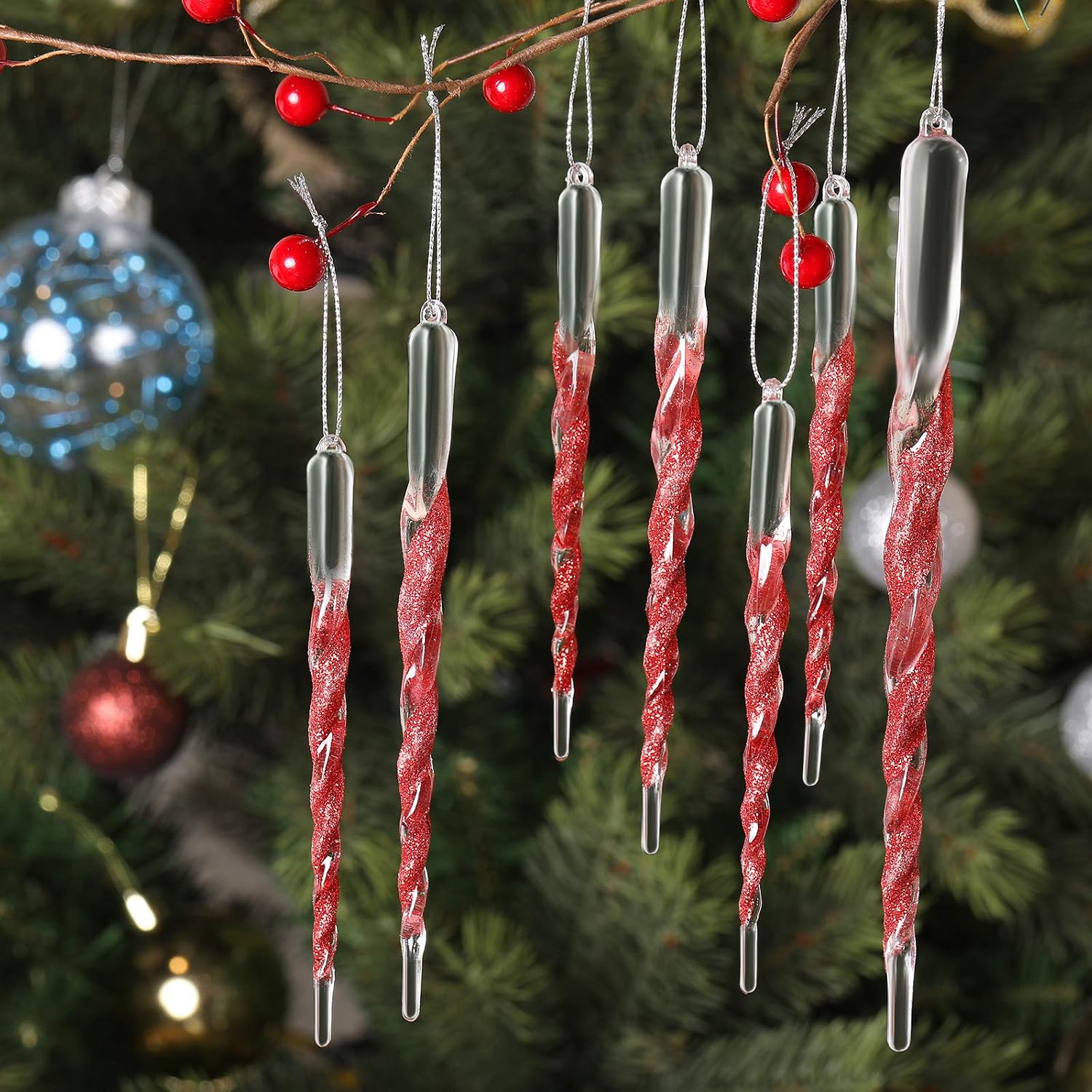 Acrylic Icicle 5.12-7.8 Inch Twisted Acrylic Icicle Christmas Tree Ornaments Icicle Xmas Party Decorations Hanging (Glitter Red, 36)