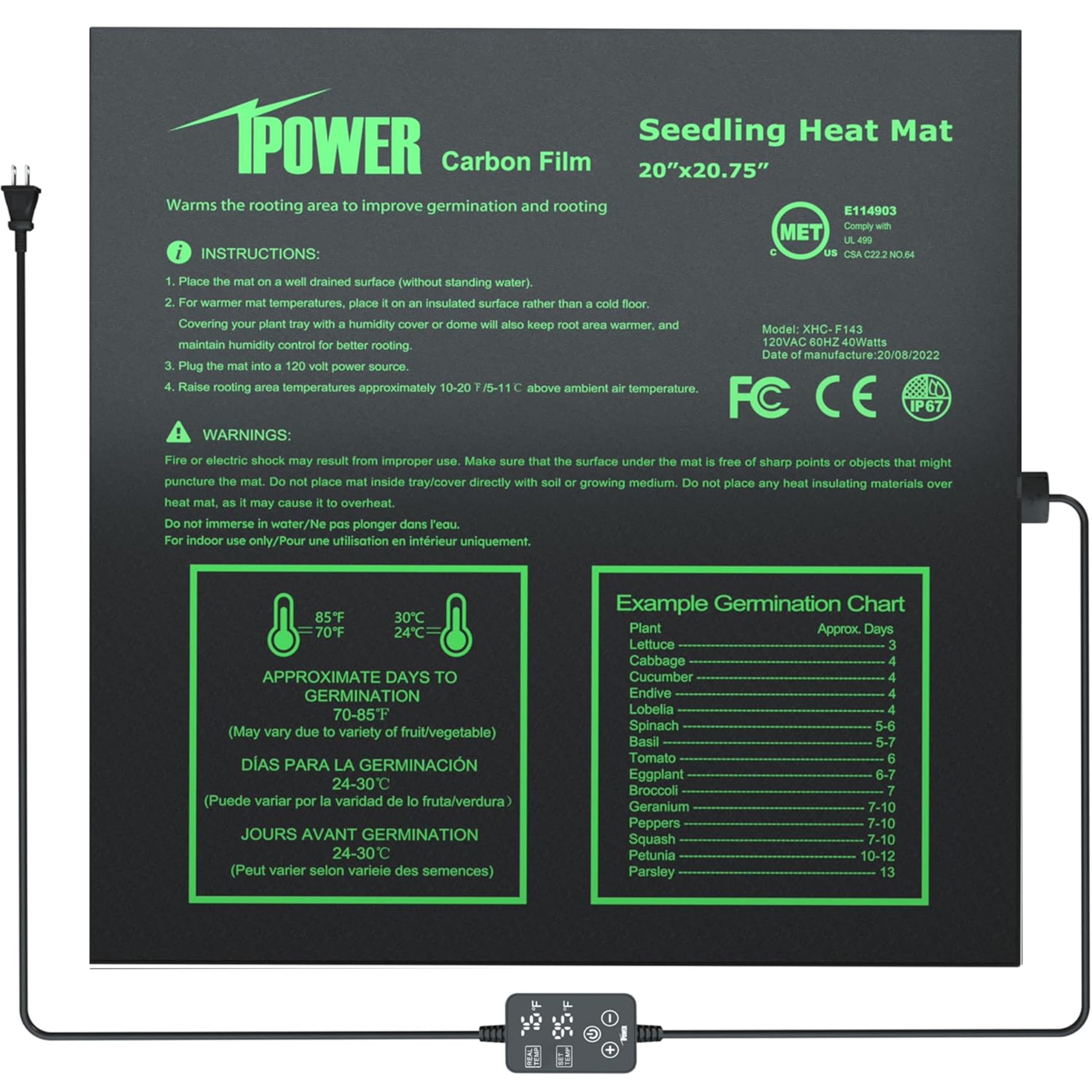 iPower Tapis Chauffant pour semis de 50,8 x 52,7 cm avec contrôleur de température intégré, Coussin Chauffant imperméable certifié MET, pour Germination, Reproduction, Brassage