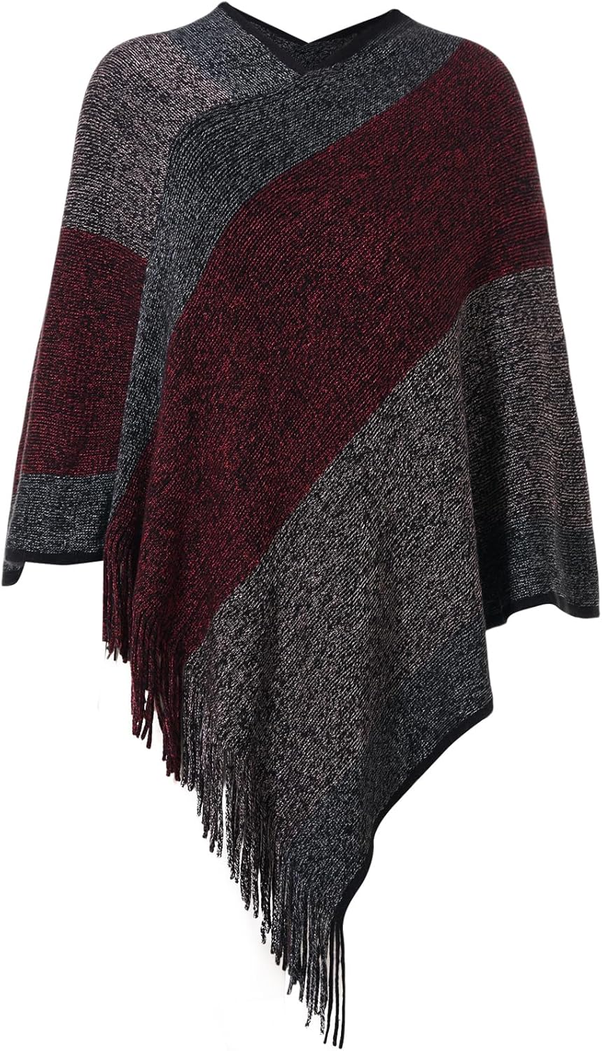 Women's Striped Poncho Tops with Fringe, Soft Knitted Shawl Wraps Elegant Sweater Open Front for Fall Winter