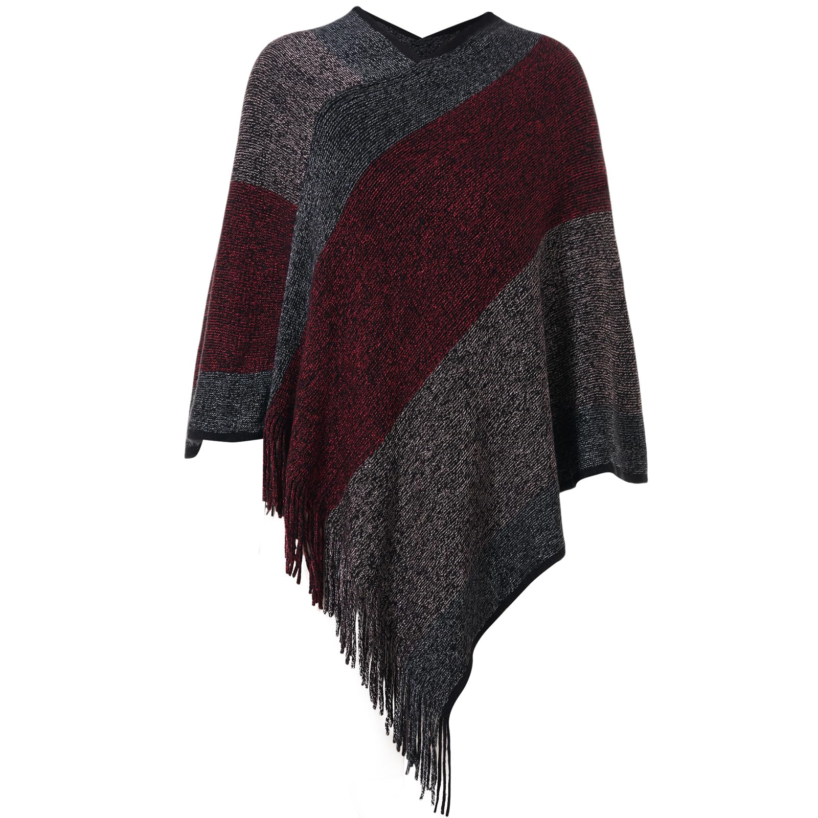 Women's Striped Poncho Tops with Fringe, Soft Knitted Shawl Wraps Elegant Sweater Open Front for Fall Winter-image-28
