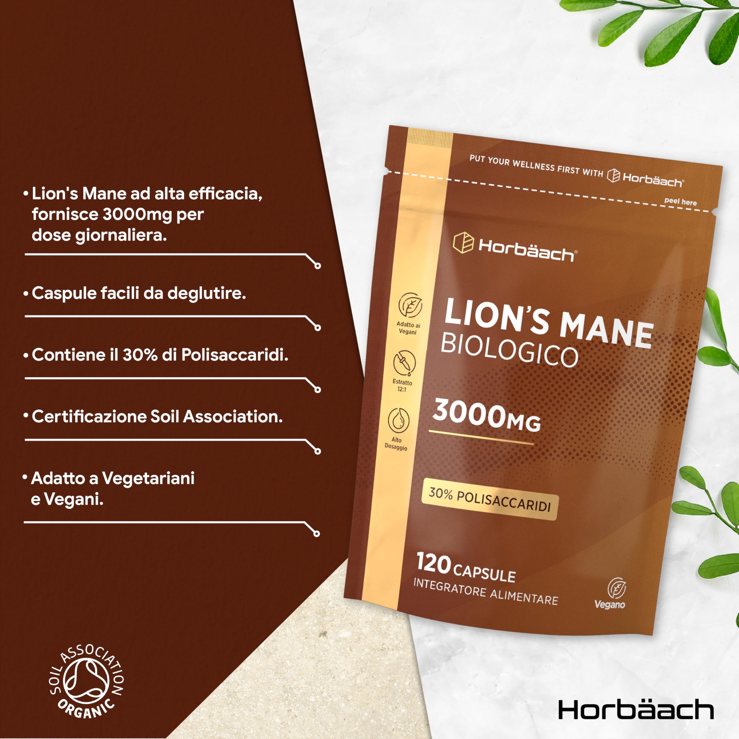 Lions Mane Bio 3000 mg | 120 Capsule Vegane | Hericium Erinaceus | Criniera di Leone Fungo Integratore | Estratto di Funghi ad Alto Dosaggio | Mushroom Supplement | Horbaach