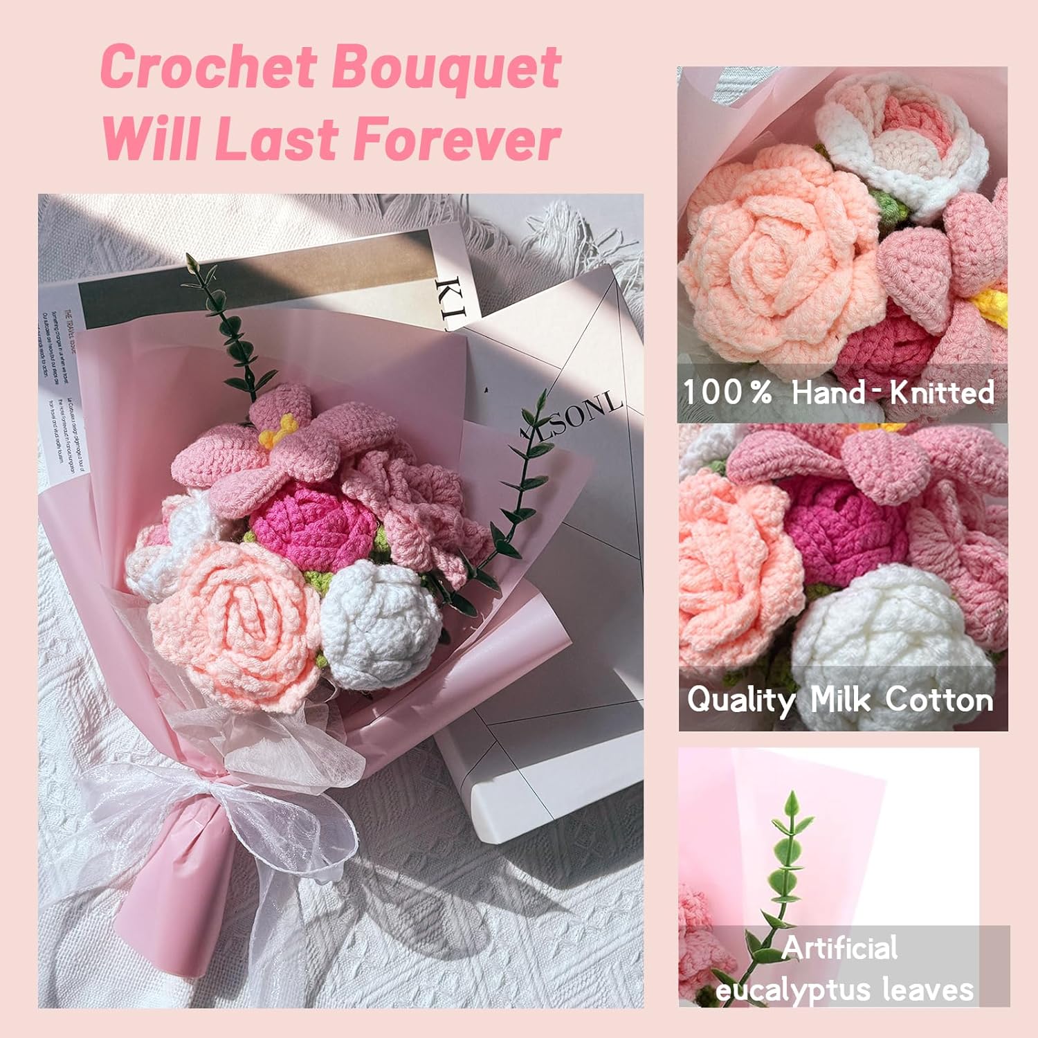 QaingNe Handmade Crochet Flower Bouquet, Pink Roses Knitted Flower Bouquet, Crochet Roses Tulip Flowers for Valentine’s Day Teacher'Day Mother's Day Graduation Gifts (pink)