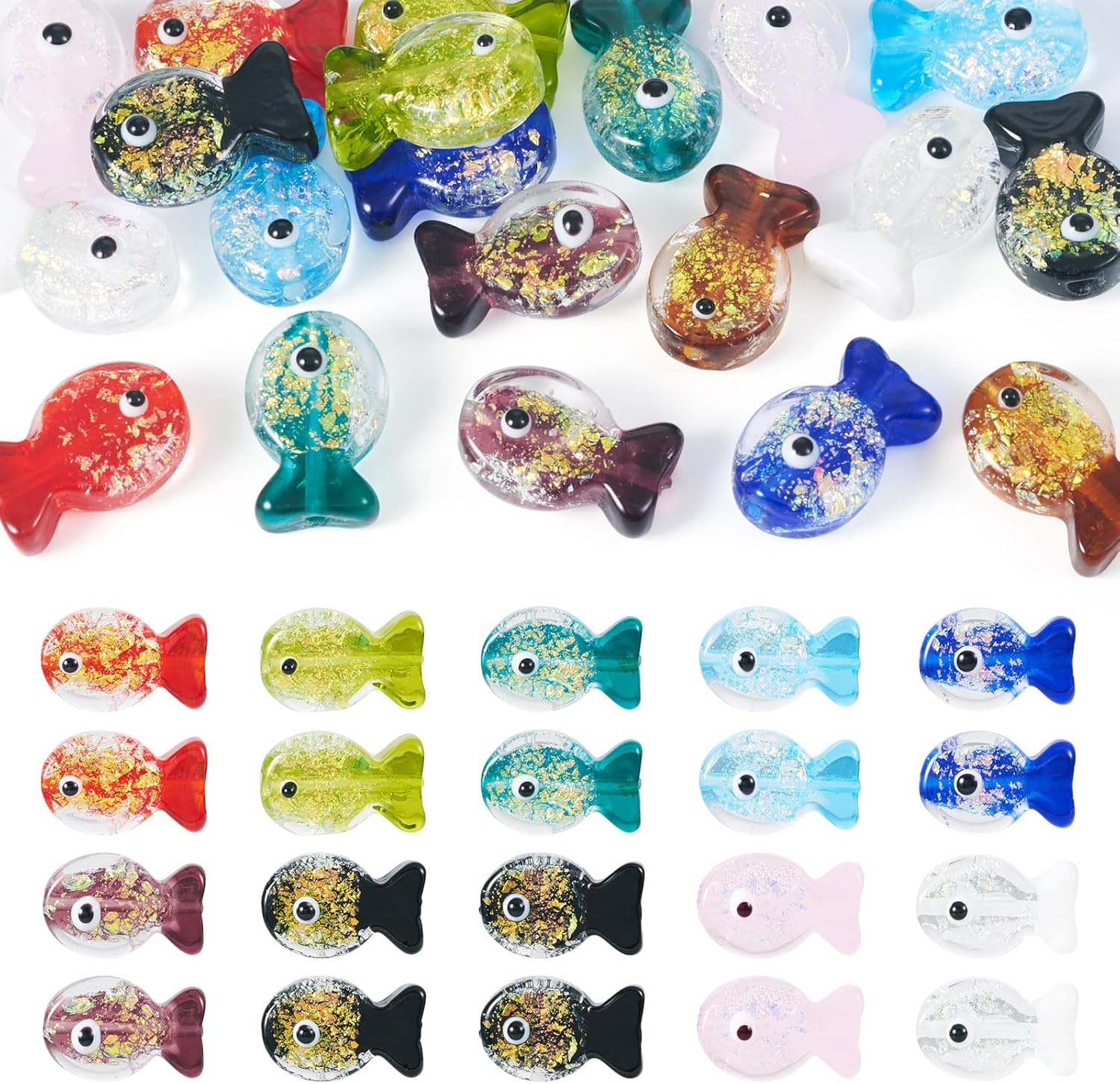 Cheriswelry 20Pcs Fish Beads Handmade Animal Lampwork Beads Gold Foil Fish Loose Spacer Beads 20x23mm for DIY Bracelet Necklace Earring Jewelry Making
