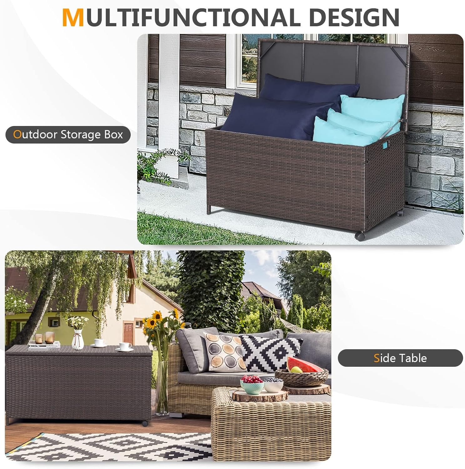 HAPPYGRILL 50 Gallon PE Wicker Deck Box, Outdoor Rattan Storage Box with Waterproof Liner and 2 Universal Wheels, Garden Furniture Container for Cushions Garden Tools