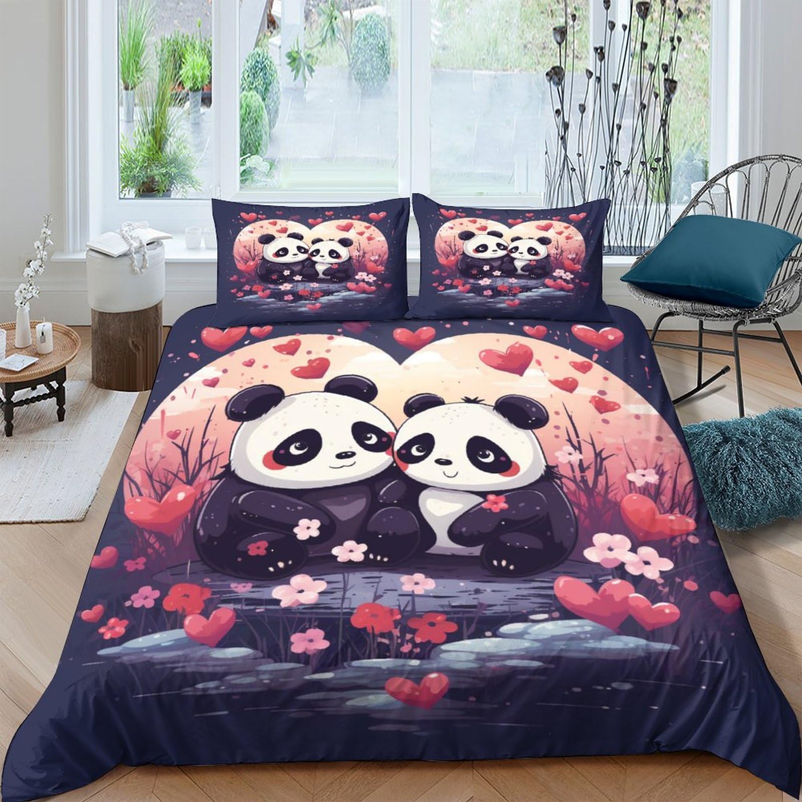 Funda nórdica de panda de 3 piezas juego de cama reversible 200x200 cm microfibra infantil