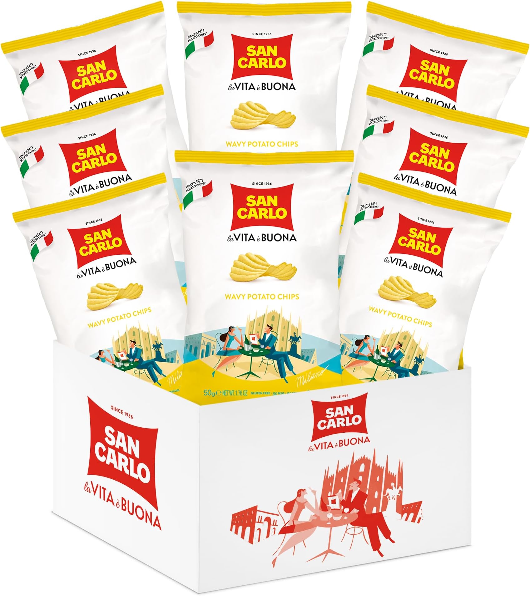 - San Carlo Multi Pack 8X Wavy n°1 Italian Potato Chips - 50gr - for Snacking Bliss