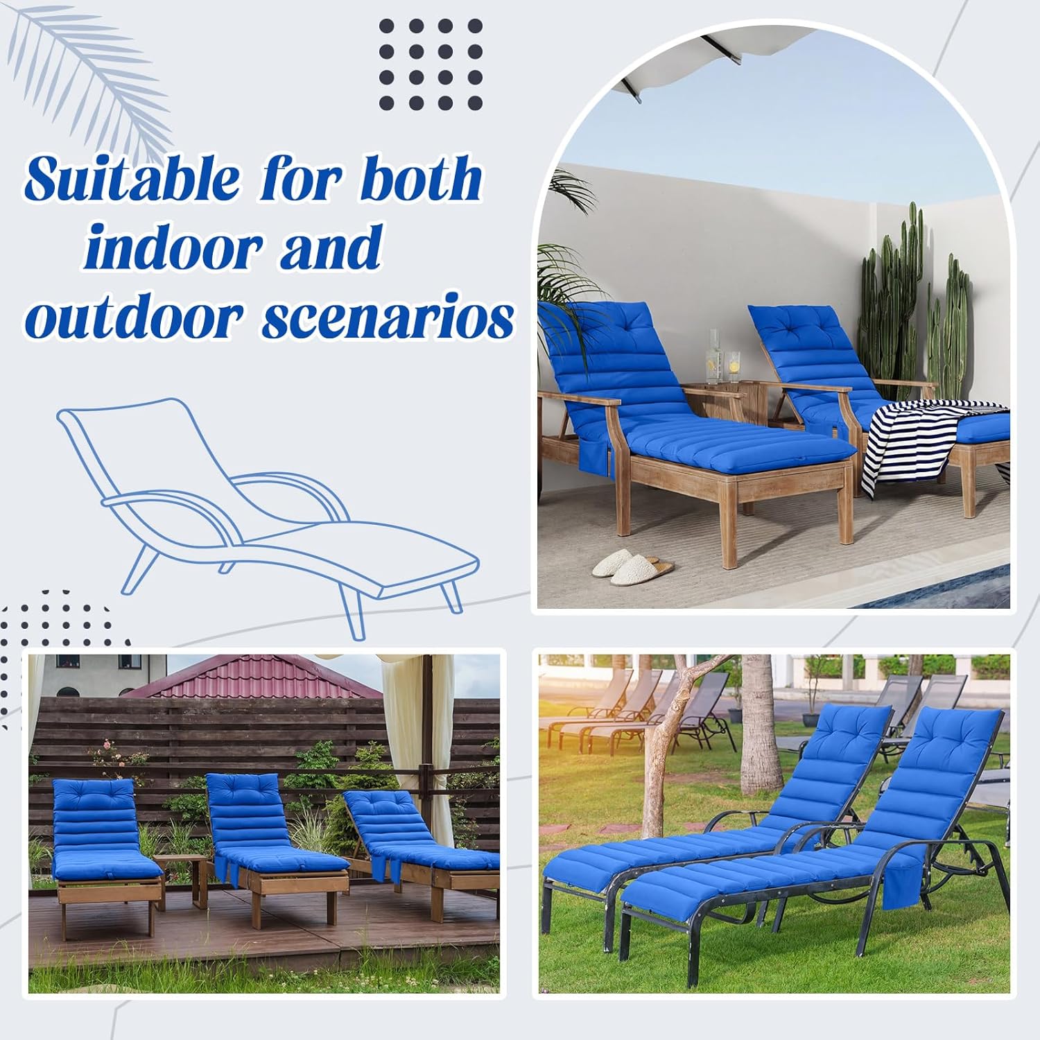 Kigley Outdoor Lounge Chair Cushions Set of 2, 72.8 x 24 x 2.3 Inch Patio Chaise Lounge Cushion with 3 Side Pockets Non-Slip Buckles, Fade and Water-Resistant Poolside Recliner Pads(Blue)