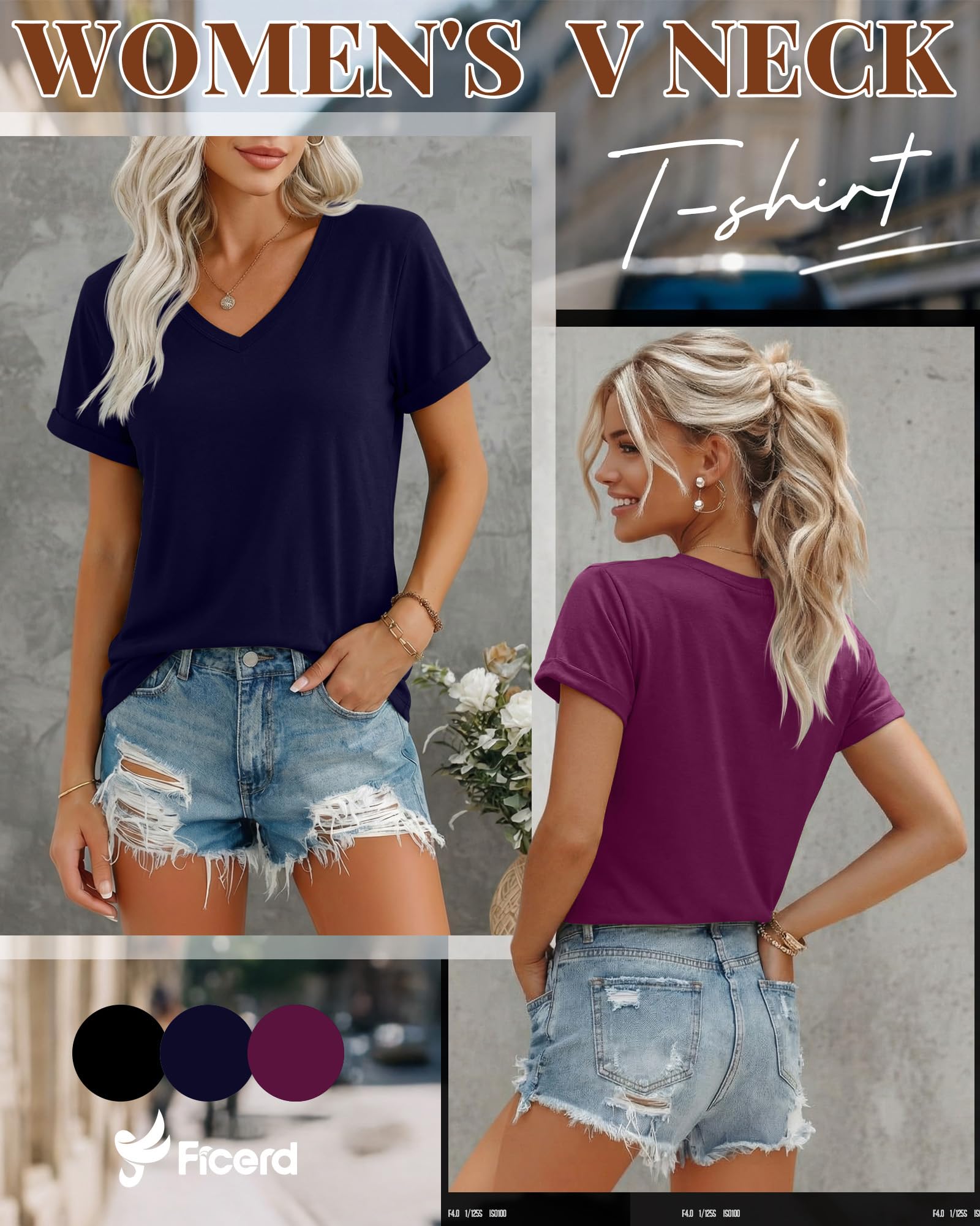 Ficerd Lot 3 T-Shirts Femme col V Manches Courtes | T-shirts doux en coton 65%, hauts a manches retroussees, coupe ample, T-shirts confortables pour tenues d'ete
