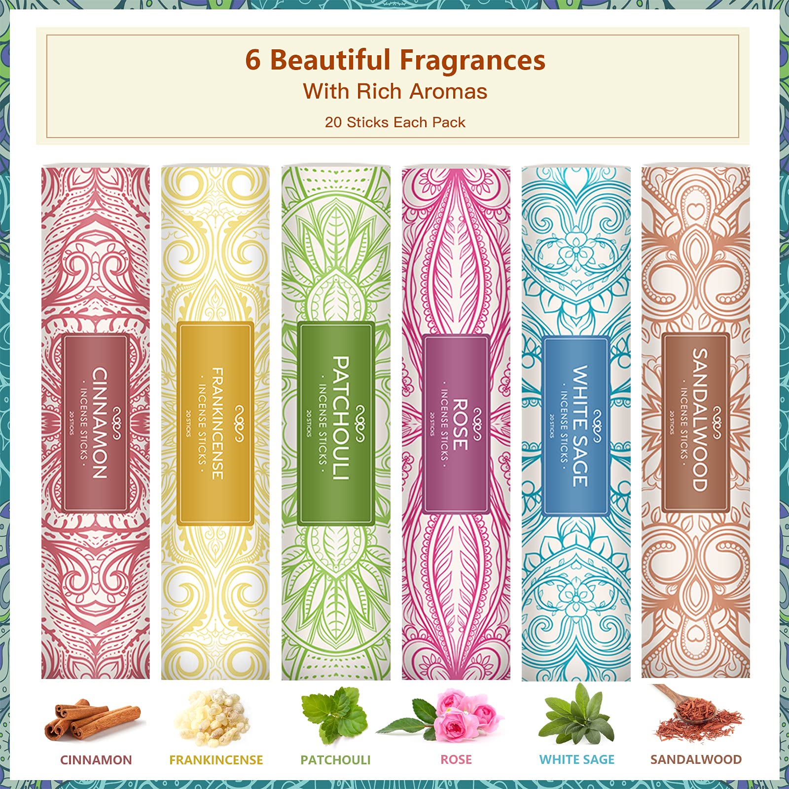 Set Di 120 Bastoncini D'incenso Con 6 Fragranze - Lavanda, Patchouli, Sandalo, Rosa, Vaniglia, Incenso - Porta Incenso Incluso, Per Aromaterapia, Yoga E Relax