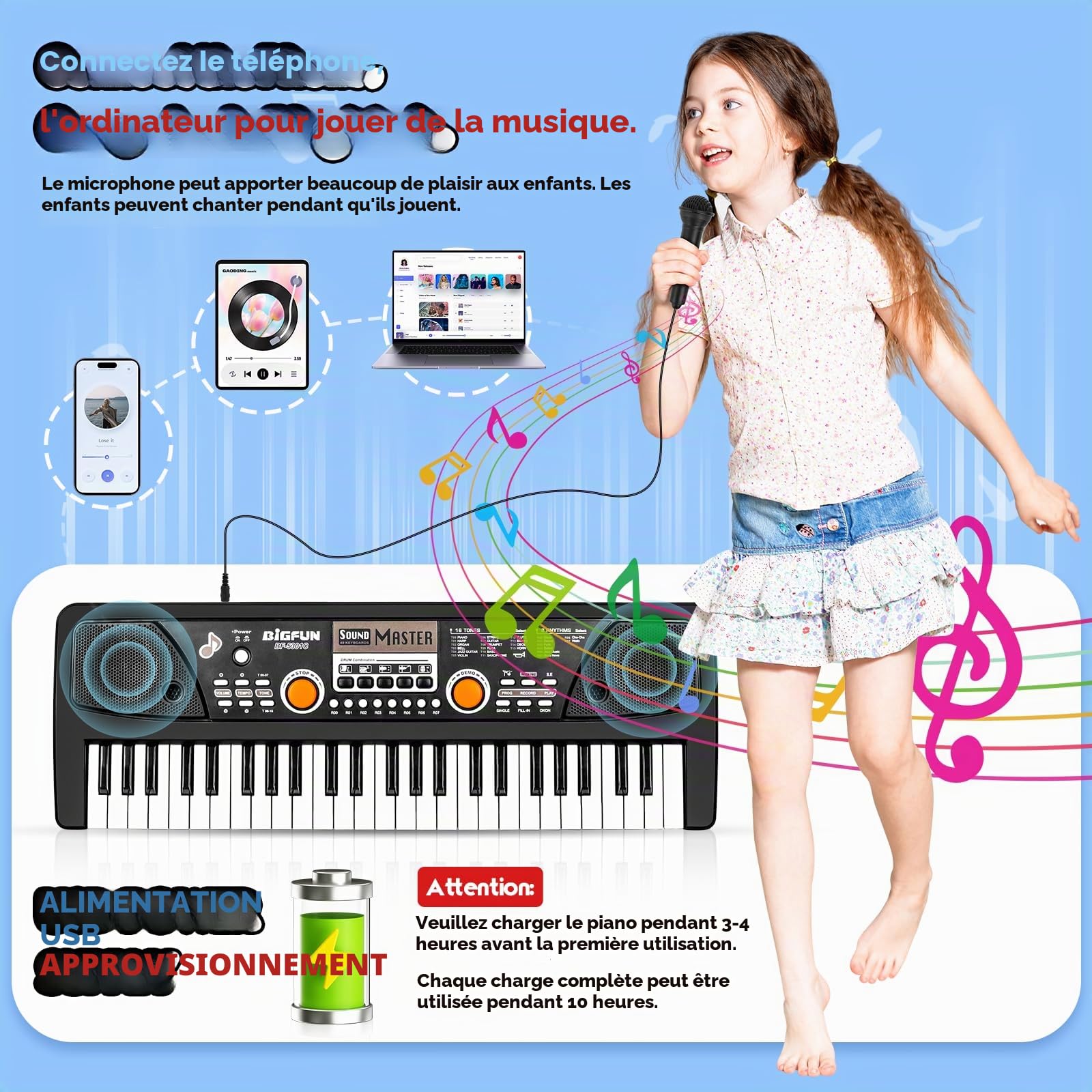 m zimoon Clavier Piano Enfant, 49 Touches Clavier Électronique Numérique avec Microphone Early Éducation Musical Instrument Musique Clavier Anniversaire Cadeaux Noël Âge pour 3-12 Ans Filles Garçons