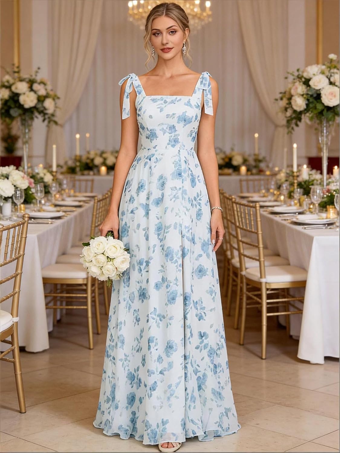 Chiffon Bridesmaid Dresses with Bow Square Neck Long Maxi Modest Formal Wedding Guest Dresses for Women - Image 5