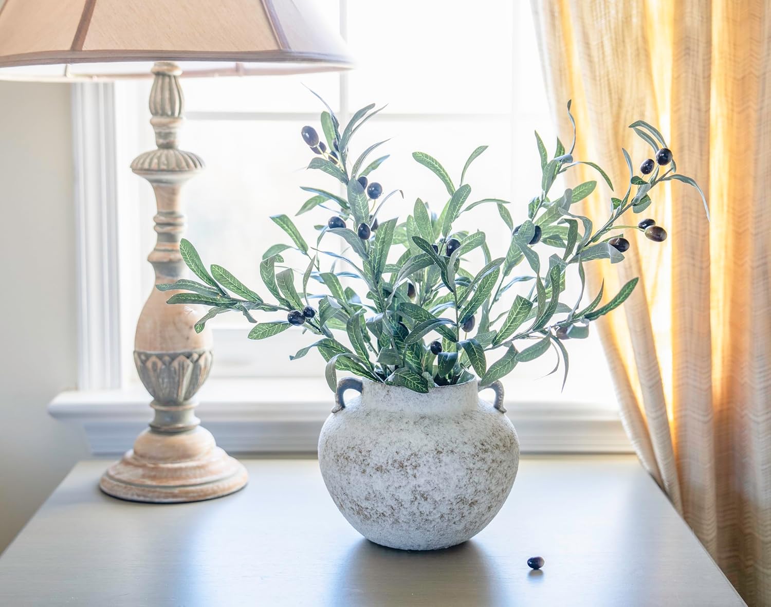 Rustic Farmhouse Textured Ceramic Vase with Two Handles, Distressed White Pottery Flower Vase for Centerpiece, Decorative Vases for Living Room, Kitchen, Table Top Decor, Gift & Weddings