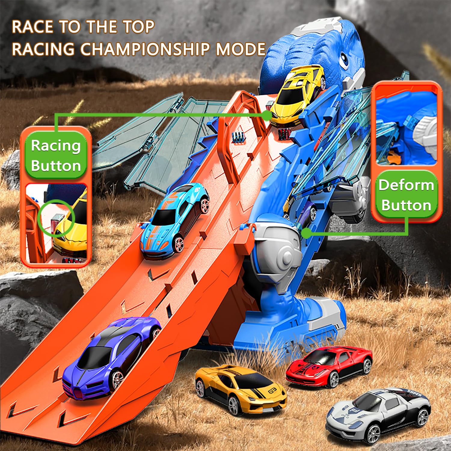 Dinosaurios Camión Juguete con 8 Coches,Coches de Juguete para Niños de 3,4,5,6+Años,Garajes,Circuito de Carreras,Transforma en Dinosaurio con Alas,Camión Transportador,Regalos de Cumpleaños para Niño