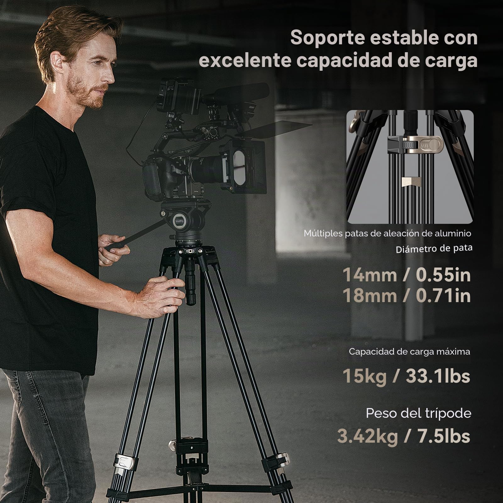 SMALLRIG Trípode Profesional de Vídeo de 180cm, Aleación de Aluminio con Adaptador de 75mm, Ajuste de Altura en un Paso, Carga de 15kg - AD-80 FreeBlazer 4164