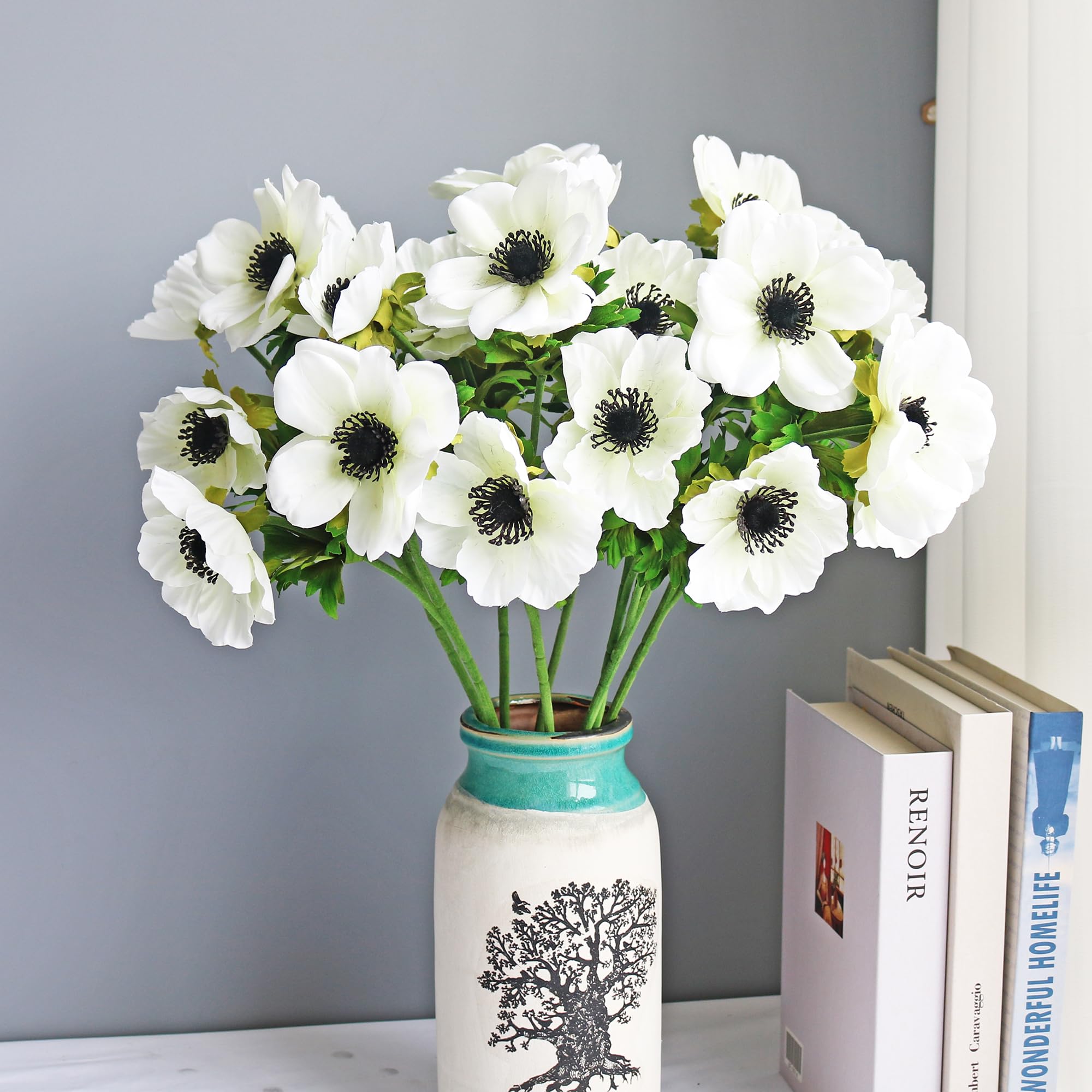 Htmeing 10 cespugli di fiori artificiali a fiore pieno di anemone con fogliame verde per la festa della mamma o decorazione per casa, ristorante, ufficio e matrimonio (bianco)