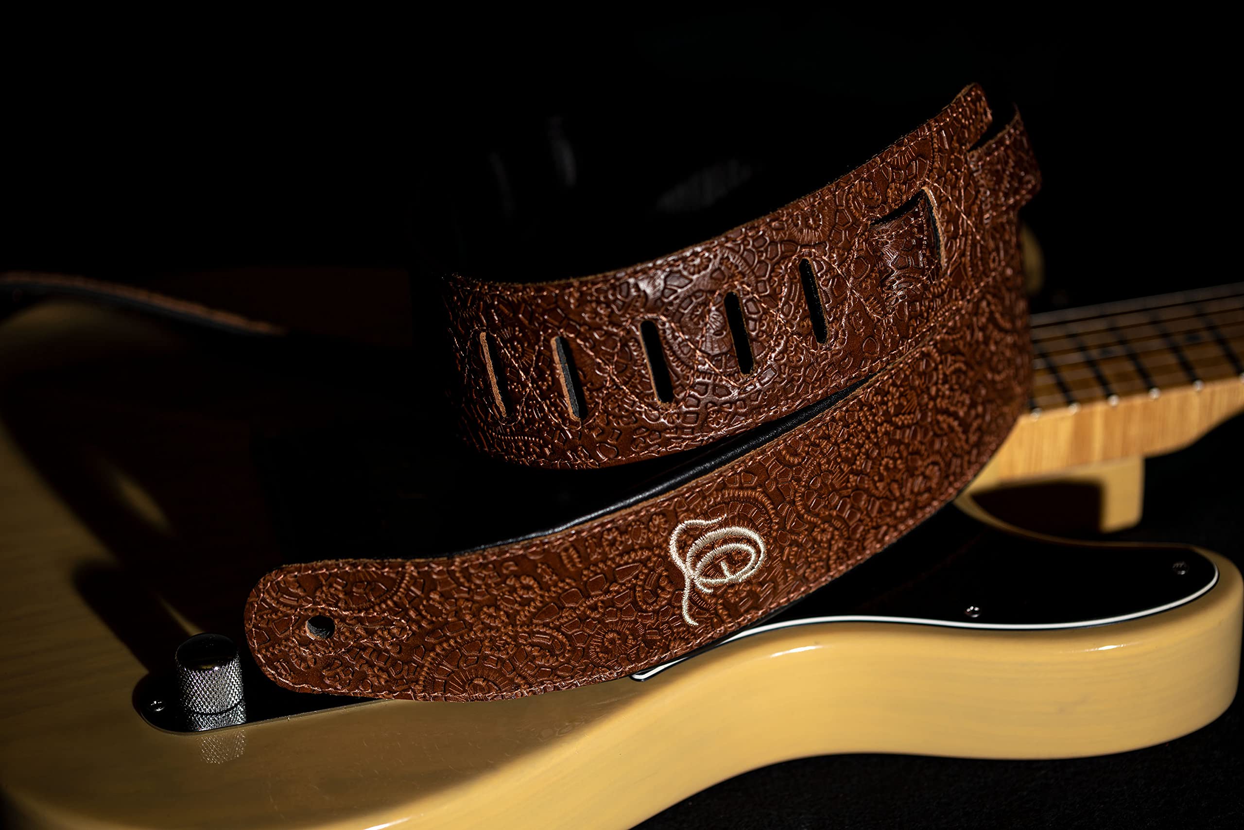 Ortega Guitars Adjustable Guitar Strap, Acoustic Guitar / Bass, Electric Guitar / Bass, Byzantine Series, Genuine Leather - Image 2