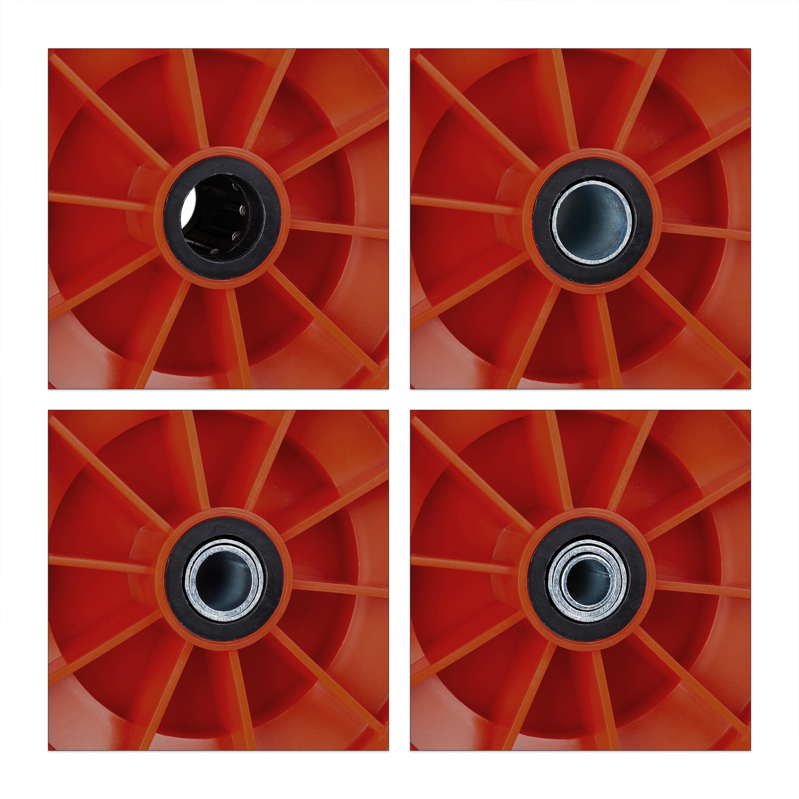 4 x Rueda Carretilla 4.00-6, Goma Maciza, Llanta de Plástico, 3 Adaptadores Cada una, Antipinchazos, 100 kg, Azul y Rojo