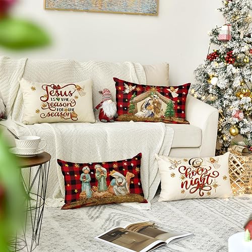 Miniatura 10 de AVOIN colorlife Juego de 4 fundas de almohada de Navidad O Santa Noche Jesús Cardenal Buffalo Buffalo de 18 x 18 pulgadas, con texto navideño con