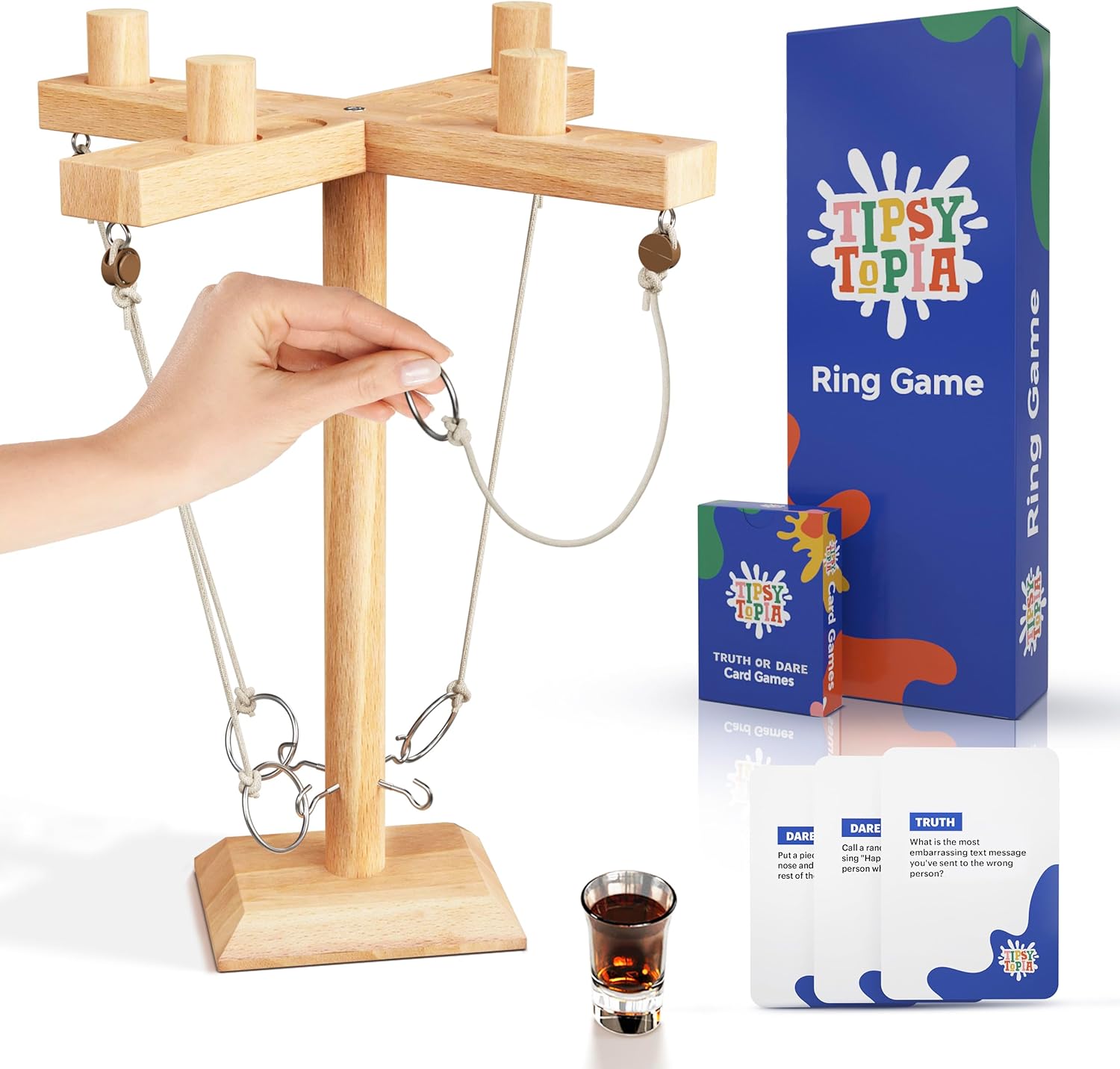 Wooden Ring Toss Game for Adults - Hook and Ring Game on a String w/Shot Glass + Truth or Dare Card Game - Table Top Bar Games for Adults Indoor, 2-4 Player Tabletop Hook and Ring Battle Game