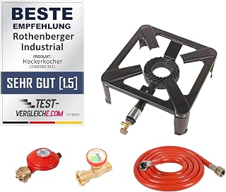 ROTHENBERGER Industrial Hockerkocher inkl. 1,5 m Propan-Gas-Schlauch & Propan-Konstantregler für Camping, Outdoor | mit Gas OFF zur automatischen Abschaltung & Anzeige Gasfüllstand