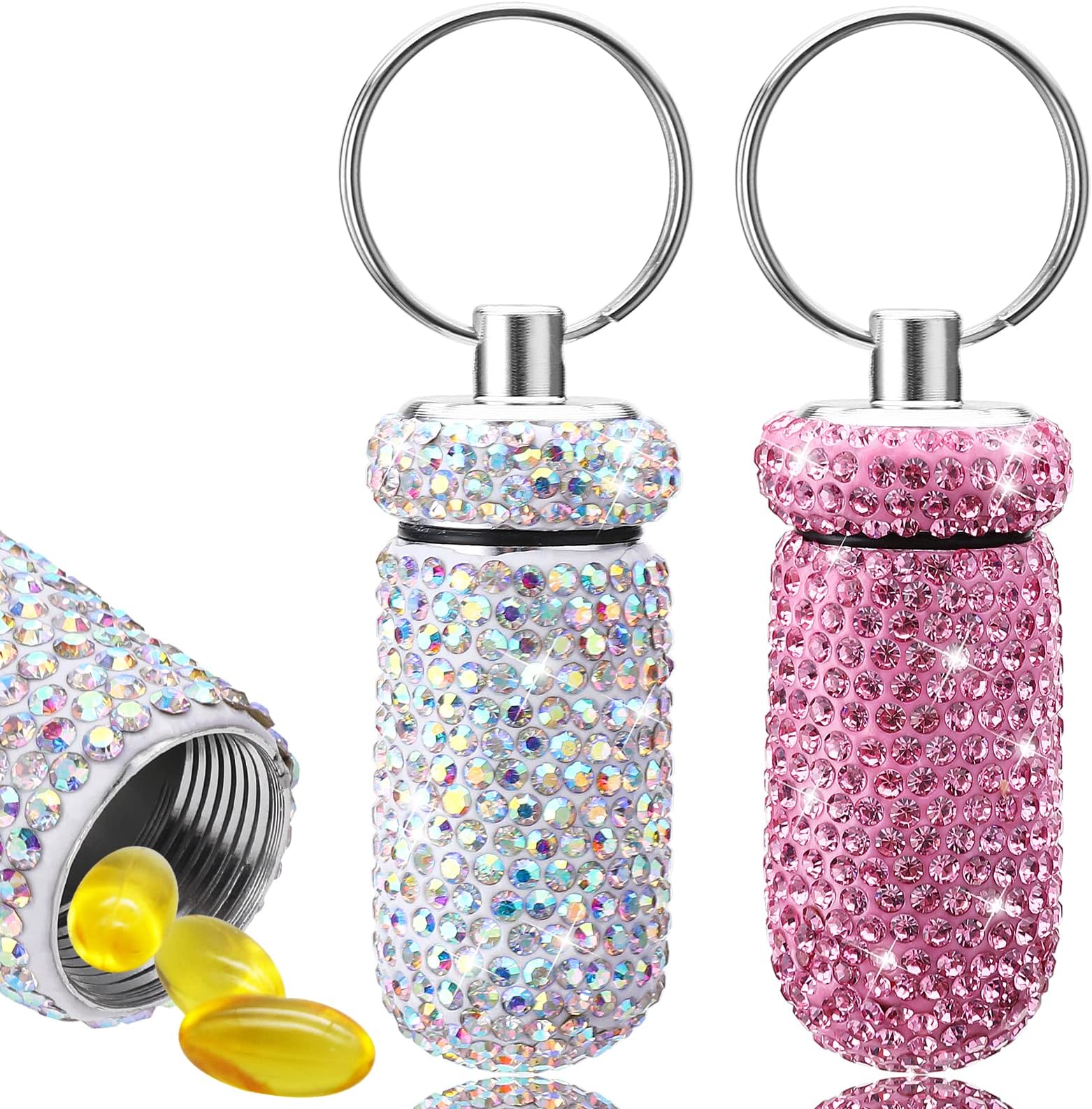 cobee Bling Pill Container, 2 Pieces Waterproof Pill Case Portable Pill Bottle Crystal Mini Pill Holder Pocket Pill Storage Box with Keychain for Travel Outdoor Camping