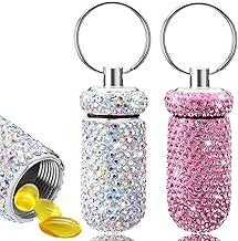 cobee Bling Pill Container, 2 Pieces Waterproof Pill Case Portable Pill Bottle Crystal Mini Pill Holder Pocket Pill Storage Box with Keychain for Travel Outdoor Camping