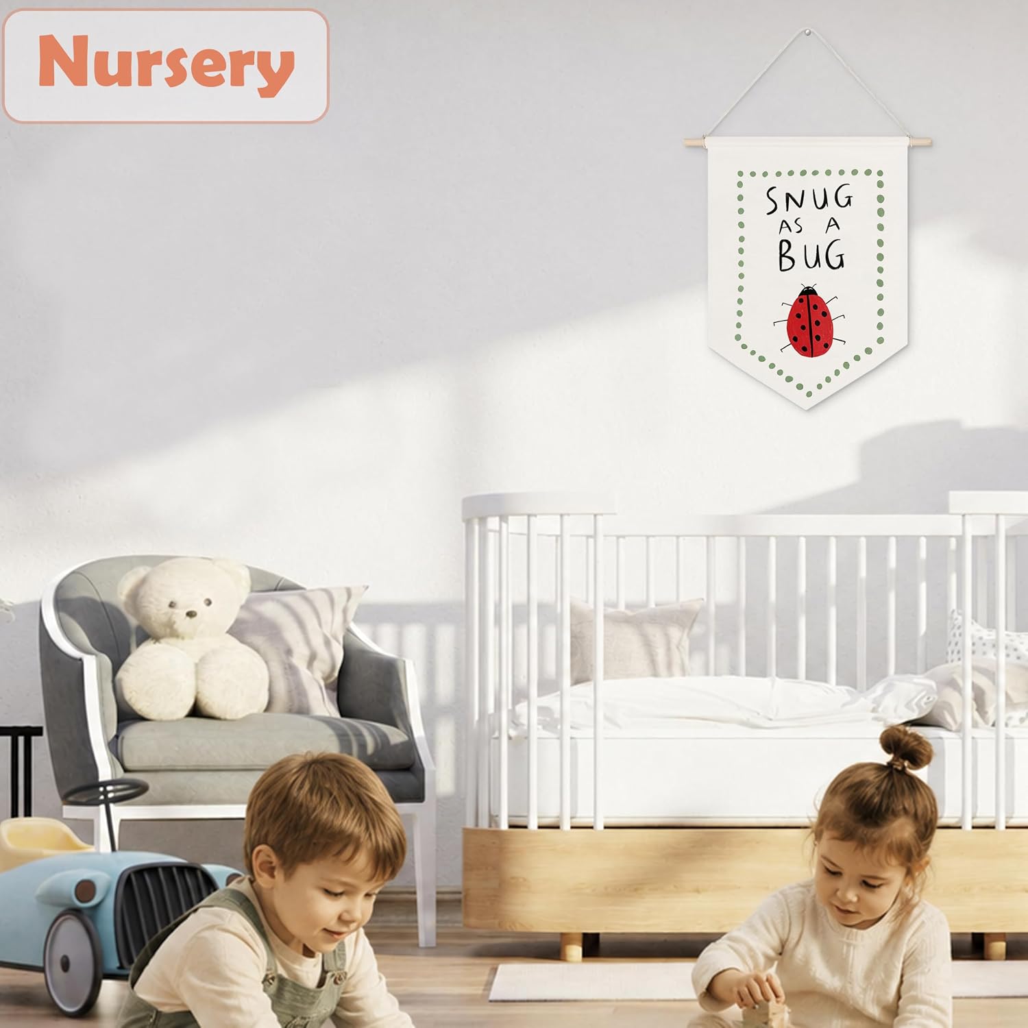 VGXKJIIOD Cute Ladybug Nursery Canvas Banner Wall Hanging Poster, Kids Room Decor, Whimsical Ladybug Insect Canvas Wall Art Pennant Flag for Toddler Boys Girls Room Nursery Playroom Decor