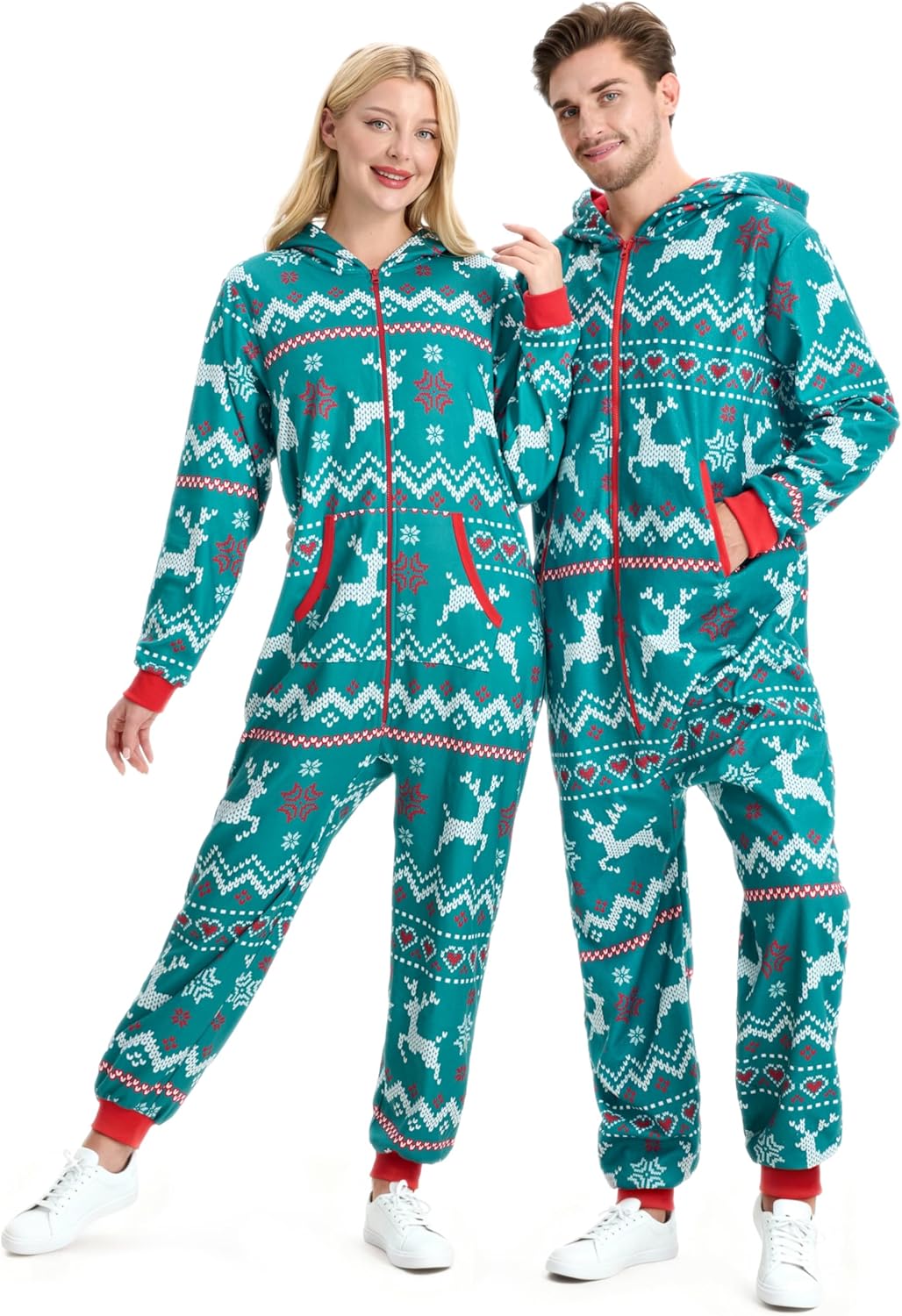 Giggling Getup Matching Pajamas for Couples, Christmas Pajamas for Women and Men, Nordic Reindeer Pattern Hooded Jumpsuits