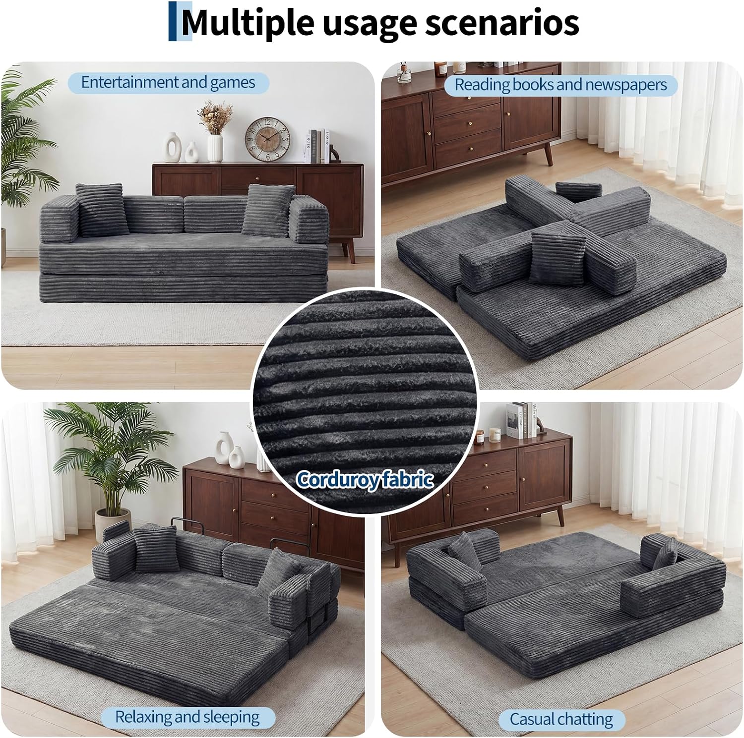 80.7" Convertible Sofa Bed, 5-in-1 Corduroy Futon Sofa Bed with Pillows, Fixed-Shape Frame, Foldable Floor Couch Comfy Lounge Sleeper for Living Room Bedroom, Gray