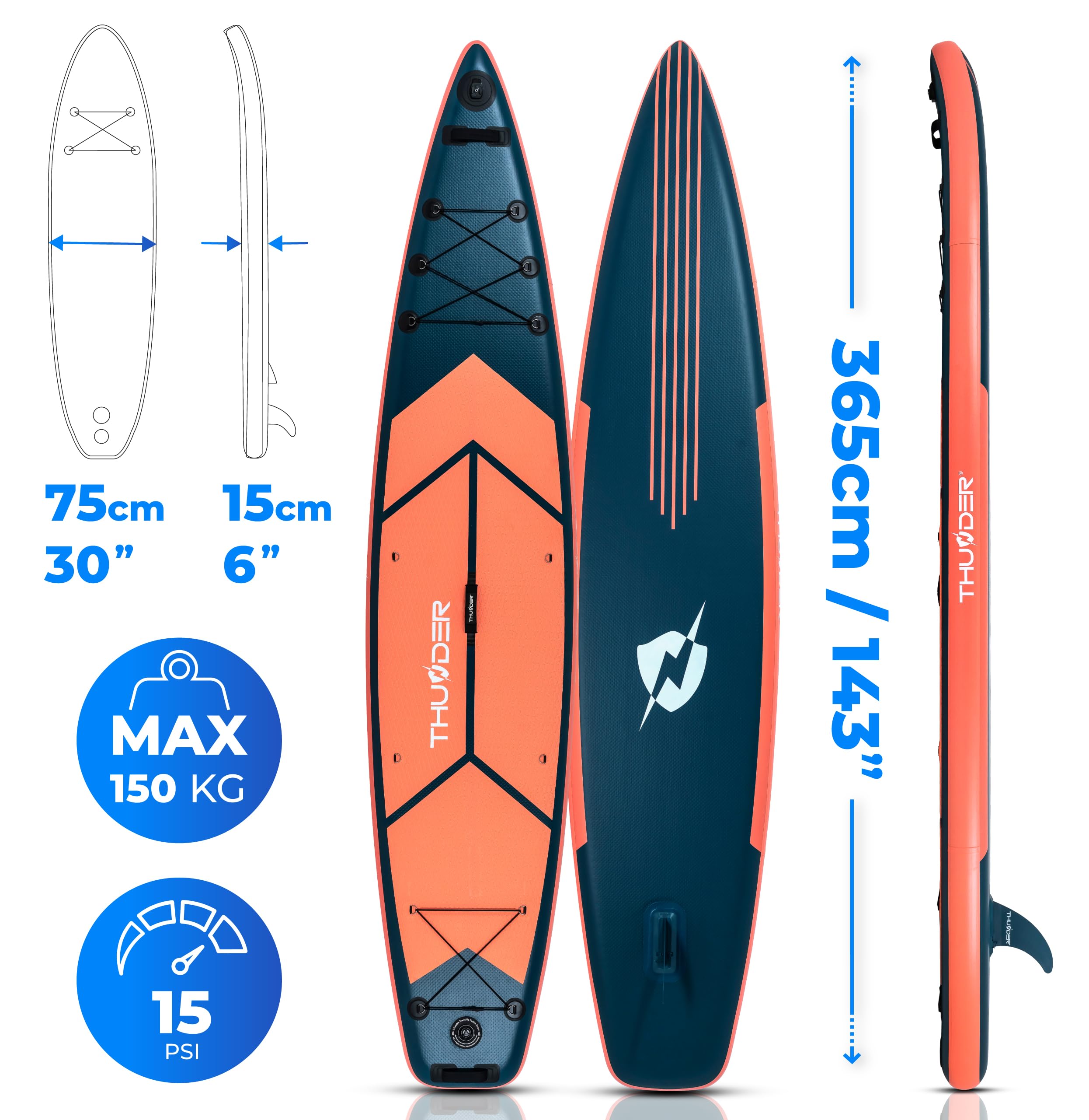THUNDER Sup Gonflable 365 cm avec Siège Kayak & Support Caméra – Set Touring Complet avec Pompe, Pagaie & Sac à roulettes – Sup Pro jusqu'à 150 kg