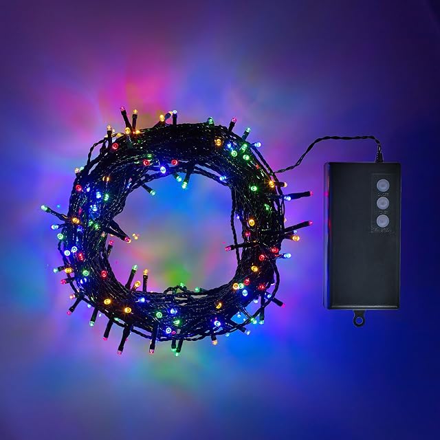 Lights4fun 200 Multi Coloured LED Outdoor Battery Operated Fairy Lights on Green Cable