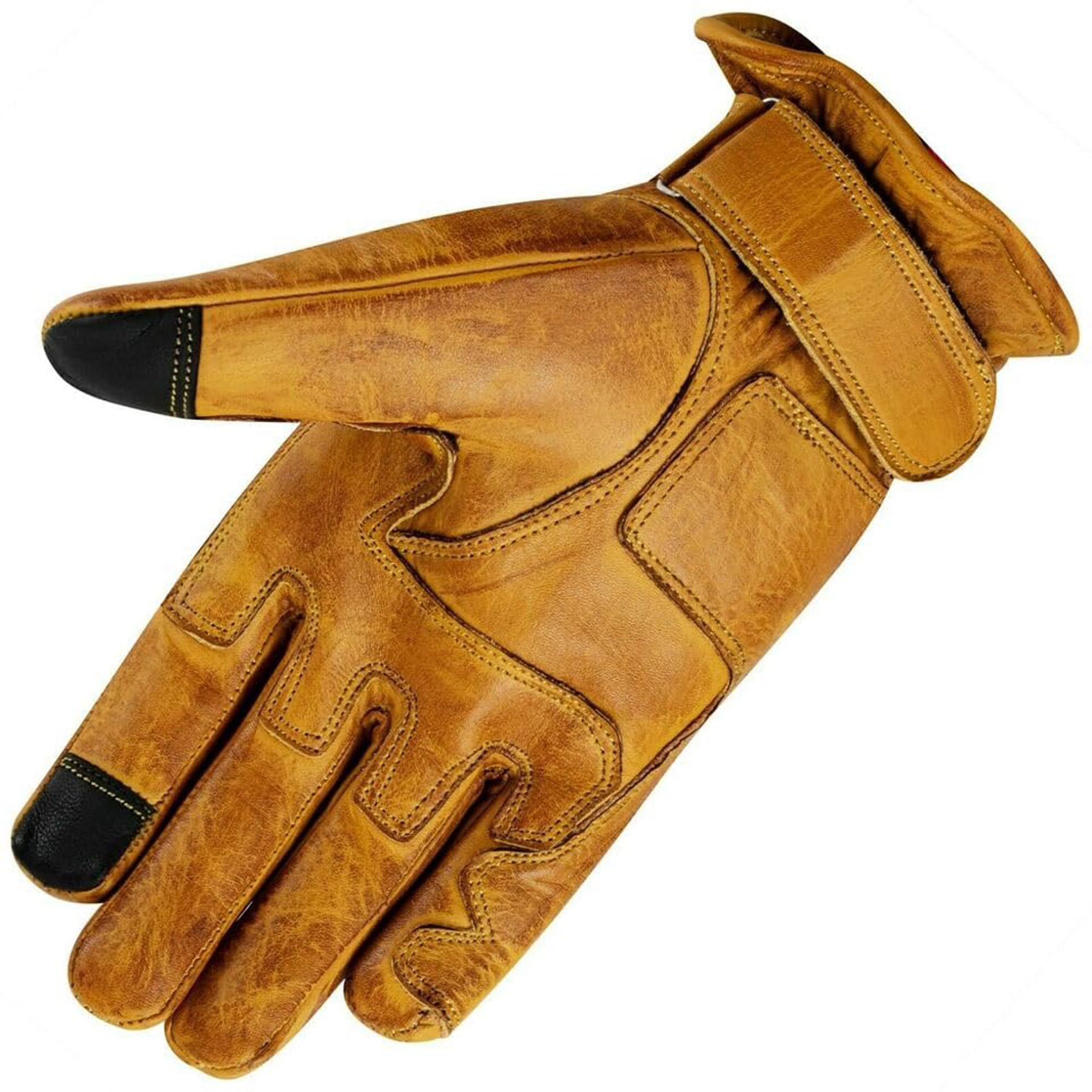 Gants de Moto en Cuir avec Protections Cafe Racer Chopper Custom Wax Jaune Touch