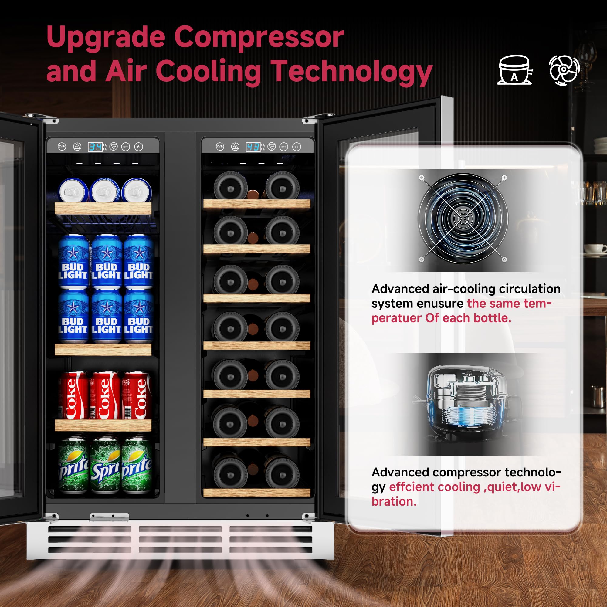 Icyglee 24" Wine And Beverage Refrigerator, Dual Zone Wine Cooler With Glass Door, Hold 88 Cans & 21 Bottles, Built In Or Freestanding Under Counter Wine Fridge With Blue LED Light. on Fridge.com - View 4