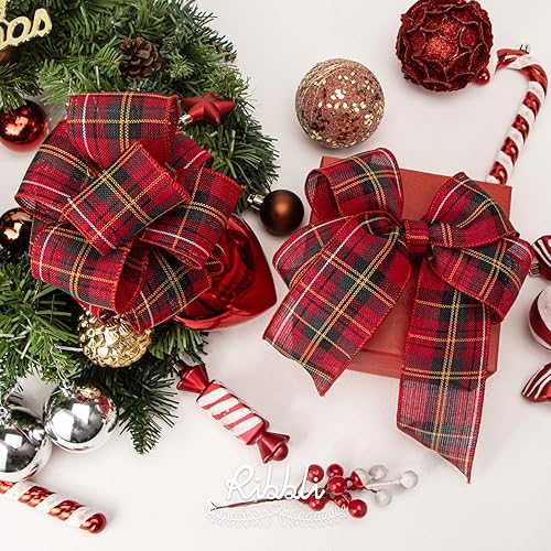 Miniatura 3 de Ribbli - Cinta Navideña con Alambre, Diseño a Cuadros Navideño de Arpillera 2-12 pulgadas x 10 Yardas Continuas para Adorno de Árbol, Lazo, Corona