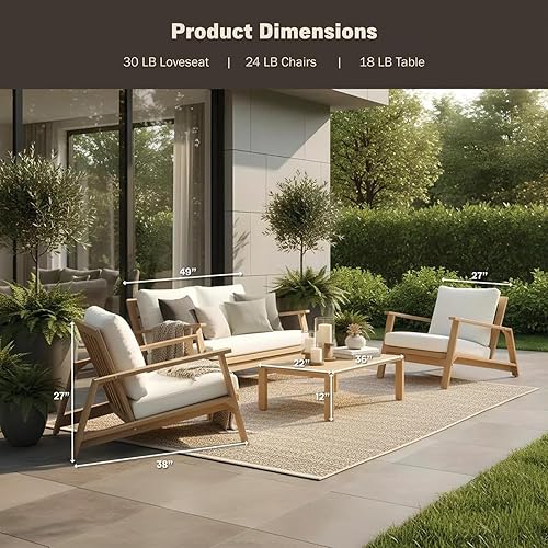Miniatura 6 de Juego de sofá modular de madera de acacia de 4 piezas para exteriores con sofá biplaza, sillones, mesa auxiliar, juego de chat de 4 plazas, juegos