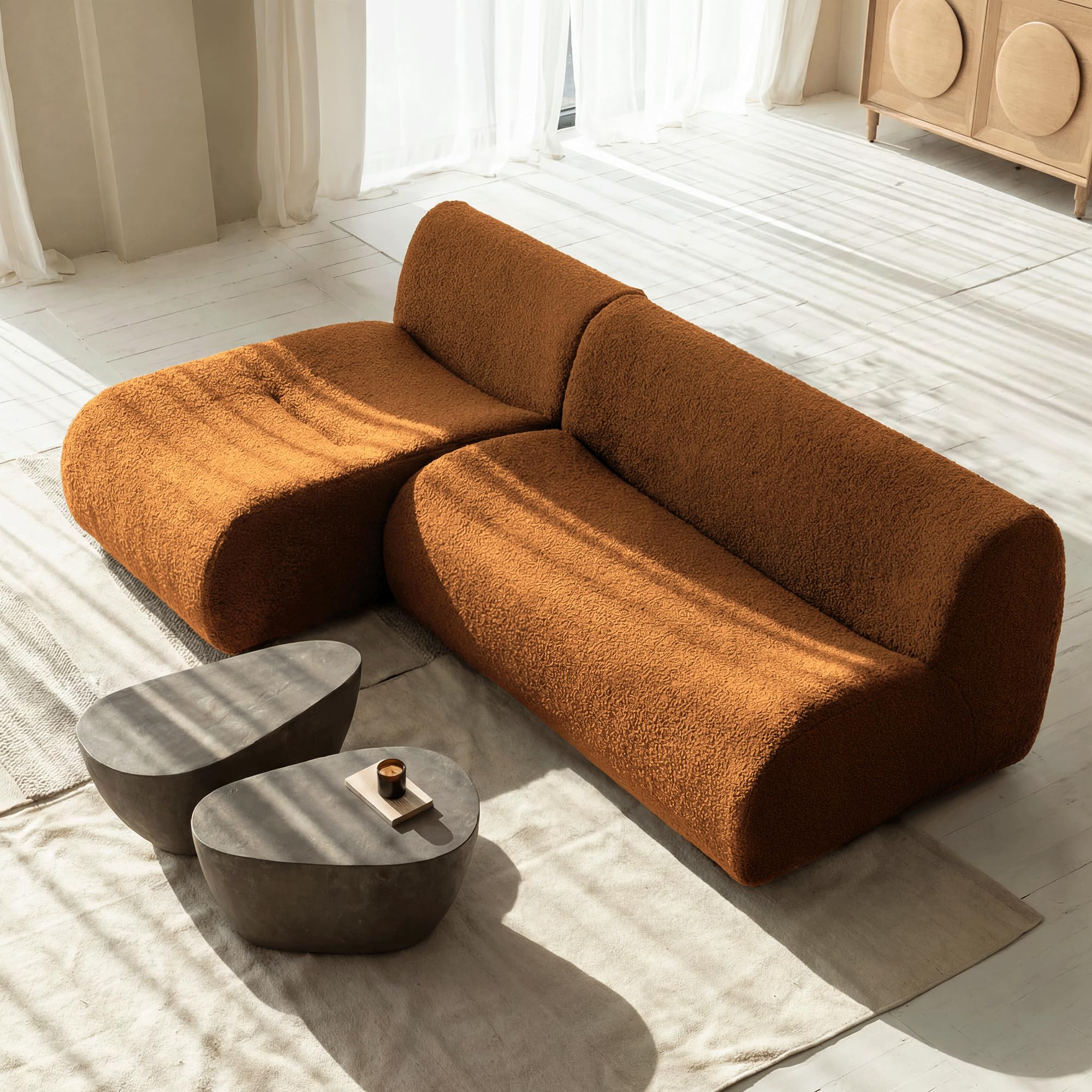 Boneless 3 Seater Sofa with Chaise Set, 92" Modular Sectional Couch, Reversible L-Shaped Couches with Deep Seat, Brown Curved Sherpa Sofas for Small