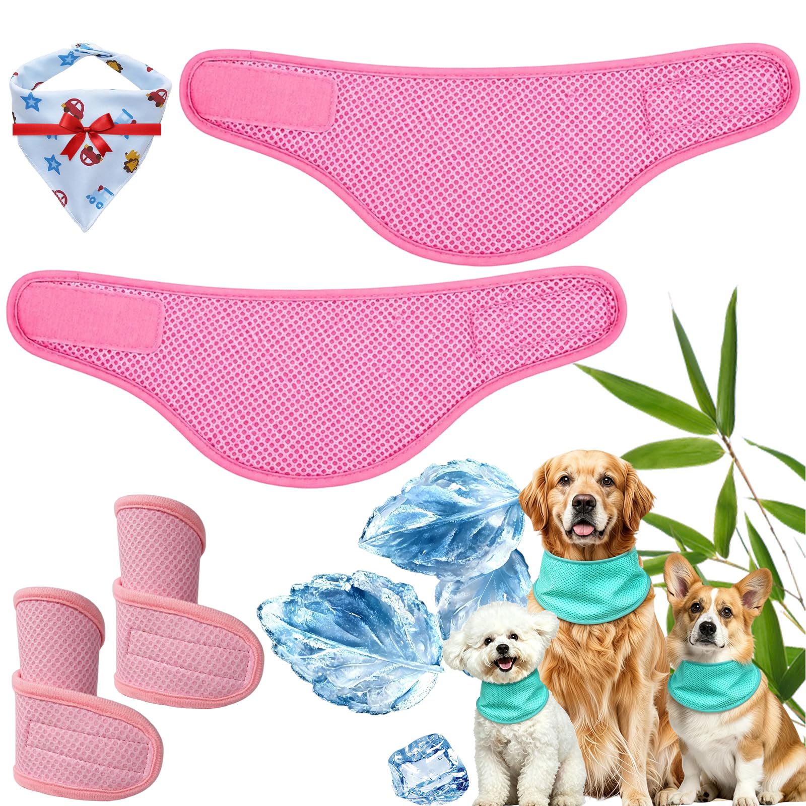 Dog Cooling Bandana, Breathable Mesh Summer Dog Cooling Collar For Medium Dogs Puppies, Instant Chill Self-Cooling Adjustable Pet Scarf Collar For Summer Outdoor Walks (2 Pink, S:19-30CM)
