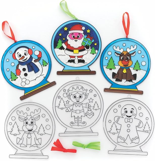 Baker Ross FC181 Christmas Snow Globe Suncatcher Decoration , Kids Paint Your Own Christmas Decoration,Beige|black|blue Pack of 6