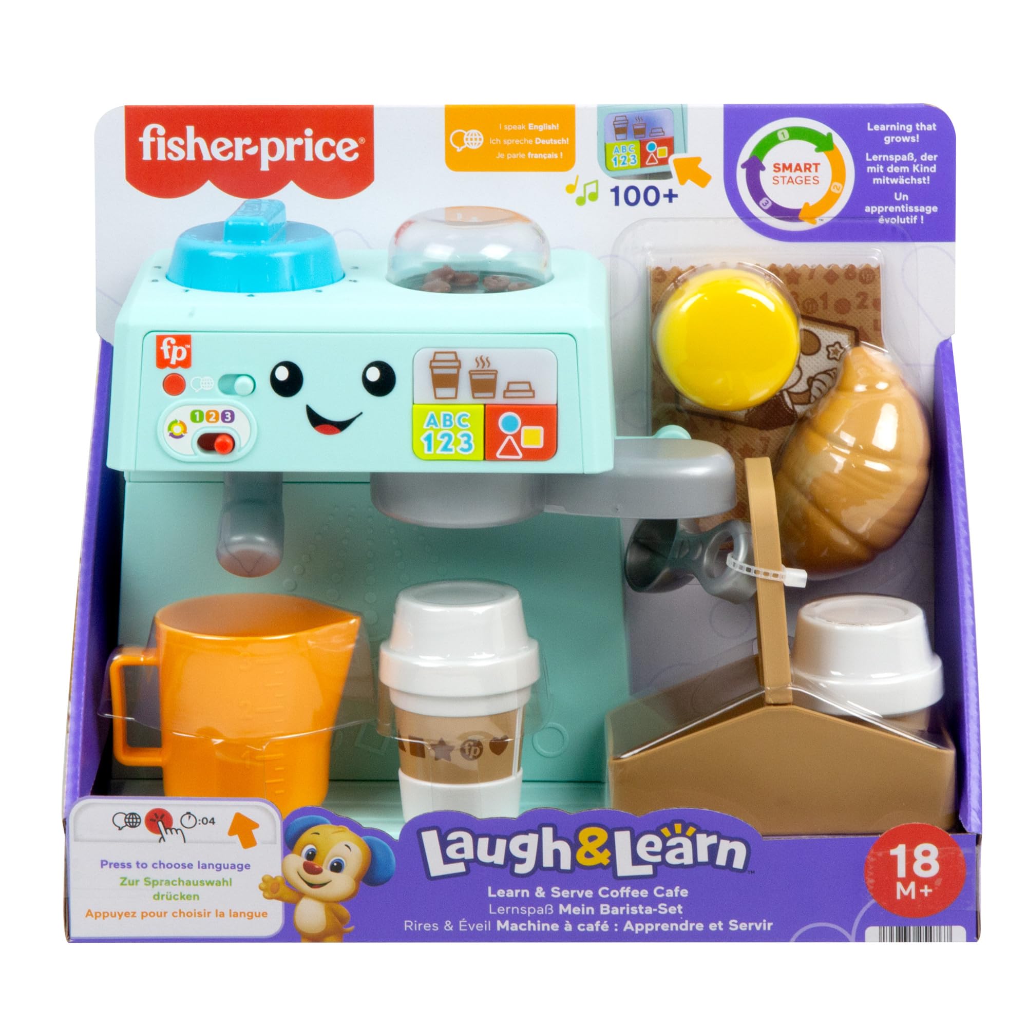 Fisher-Price Kleinkinderspielzeug Mein Barista-Set mit Lernstufen und 10 Teilen ab 18 Monaten, mehrsprachige Version, HYR98