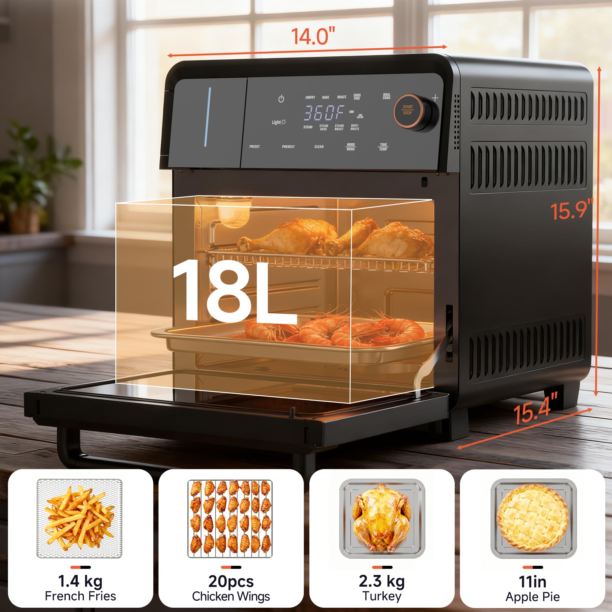 OUNIN Steam Oven 18L, 11-in-1 Air Fryer Oven with Steam Infusion, Dual Cook, Bake, Roast, Dehydrate & Self-Cleaning, 360° Even Heating, Easy to Use, Stainless Steel Inner, Space-saving Design - 3