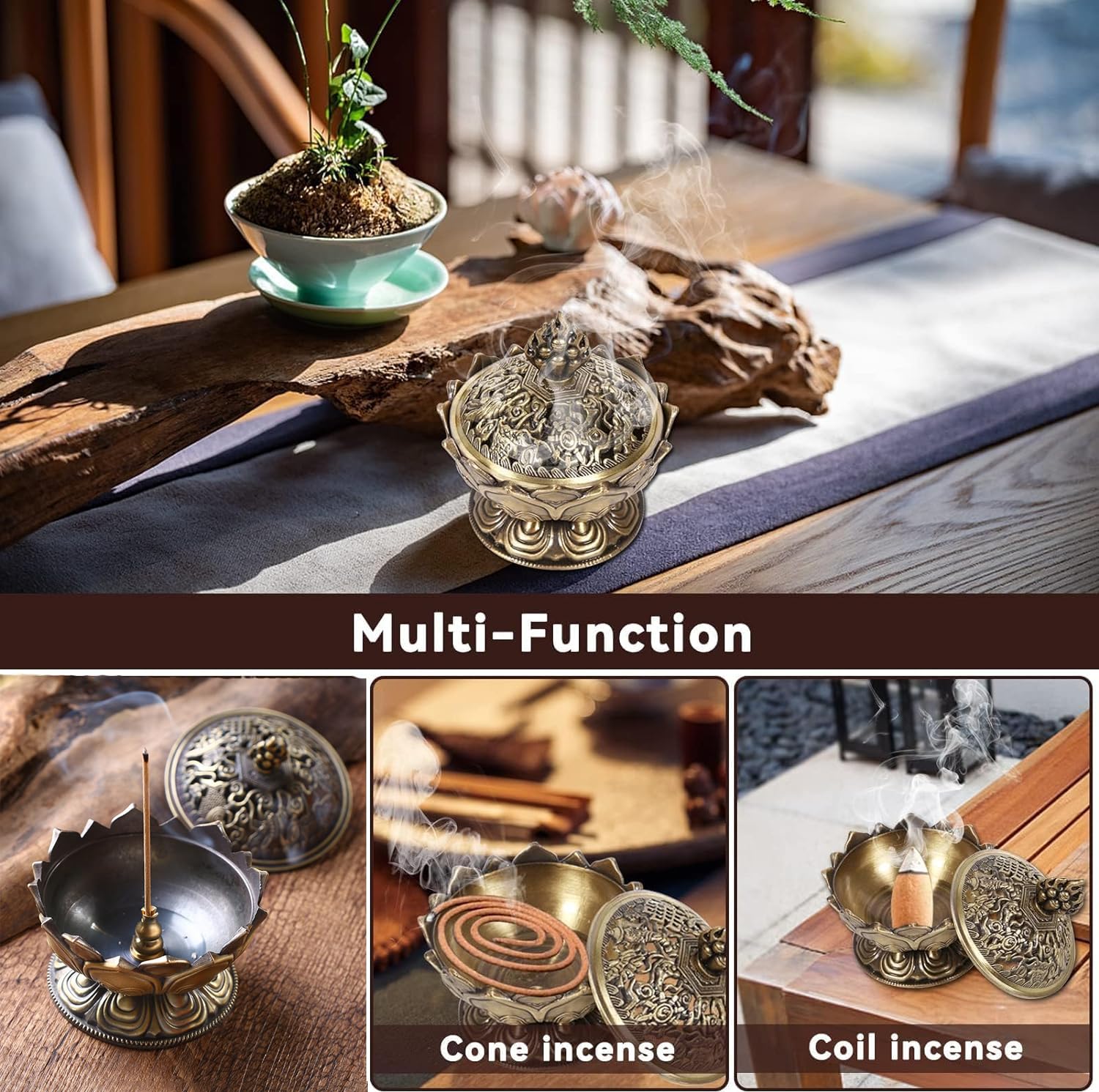 Agatige in ghisa a Forma di Loto Incenso, bruciatore di incenso per aromaterapia Incenso Joss Stick Holder con Coperchio per la Decorazione della casa