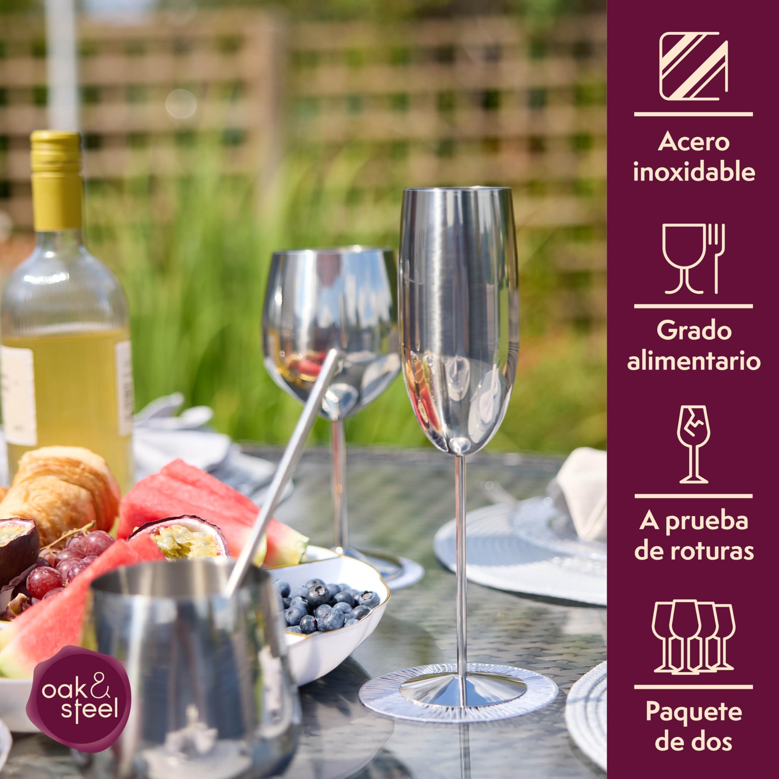 Oak & Steel - 4 Elegantes Copas de Champán de Acero Inoxidable, 285ml - Copas Cava de Acero Inoxidable Plateado - Set Original para Brindis, Bodas, Fiestas y Celebraciones