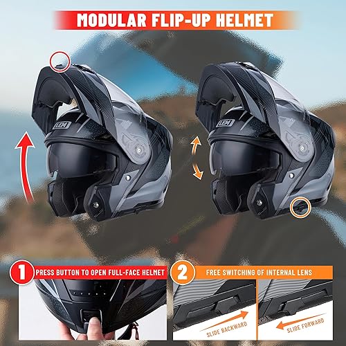 Miniatura 3 de LEM Cascos modulares de motocicleta de fibra de vidrio, casco integral de motocicleta abatible para viajes, certificado DOT, visor solar desmontable