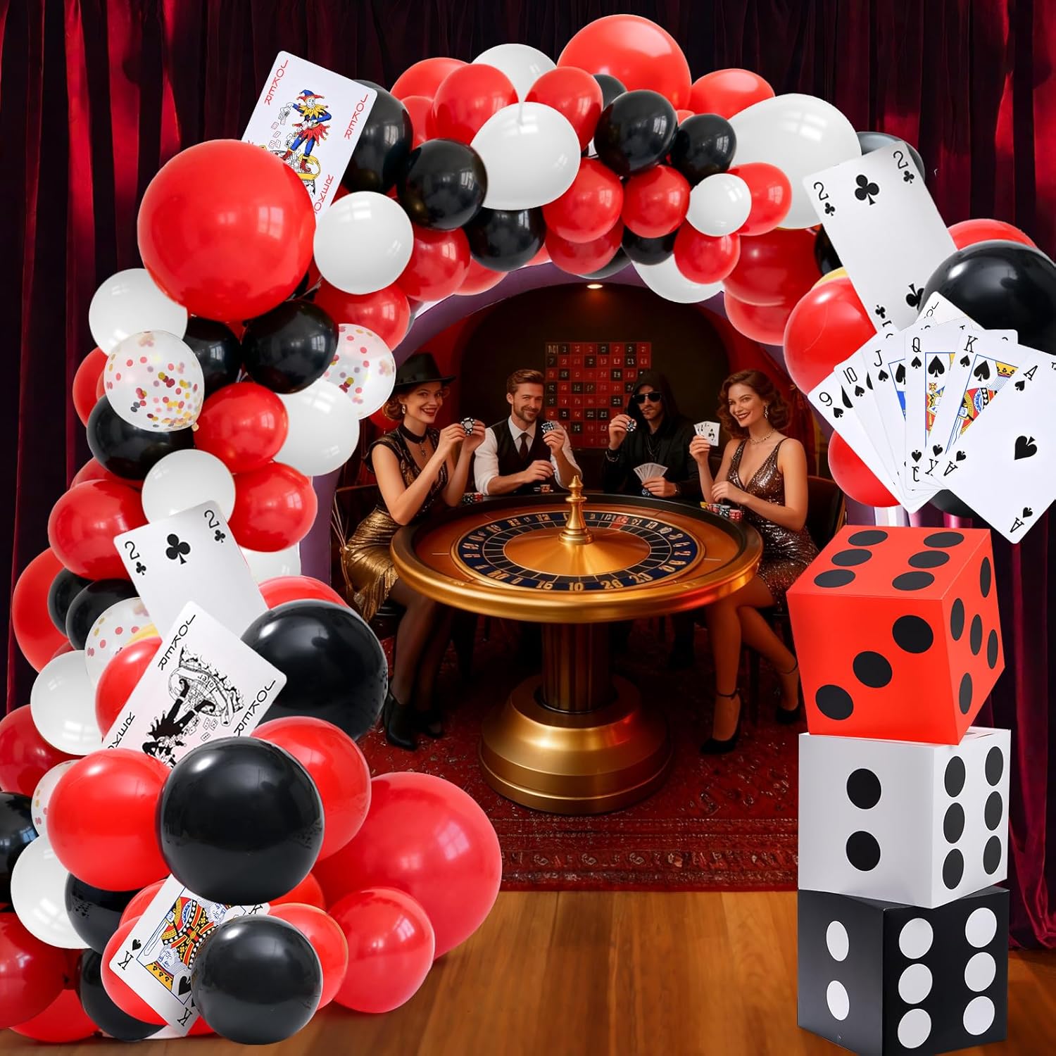 45 Pcs Casino Theme Party Decorations, Casino Blloons, Casino Balloons Contain Red Black and Gold Balloons, Dice Boxes,Random Large Playing Cards, Suitable for Vegas Themed Party Decorations