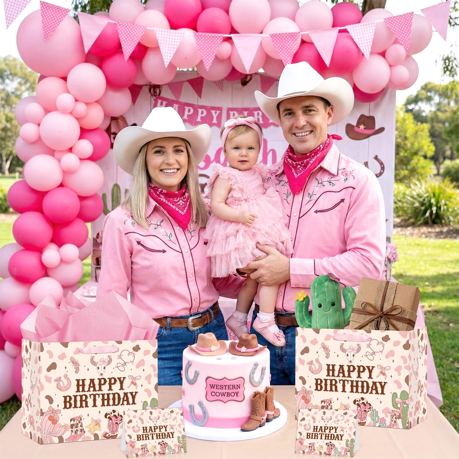 Wauprant Large Cowgirl Birthday Gift Bag for Girls Pink Wild West Western Happy Birthday Gift Bag with Wrapping Paper and Card for Girls First Rodeo Baby Shower Bachelorette Bday Party Supplies