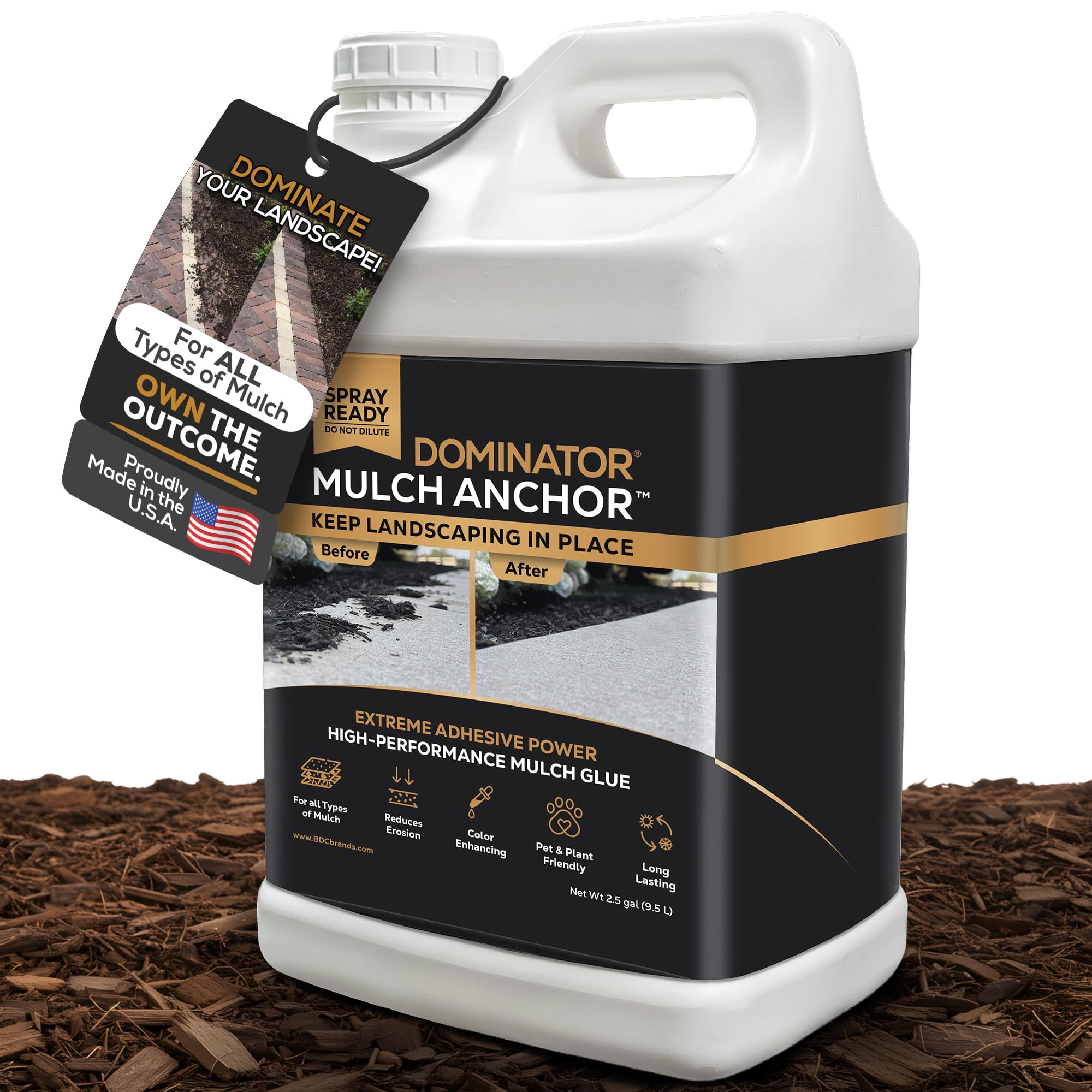 DOMINATOR Mulch Anchor 2.5 Gallons - Mulch Glue and Pea Gravel Stabilizer, Ready to Use Spray, Lasts up to 2 Years, Fast-Dry, Non-Toxic, Strong Mulch Glue for Landscapes