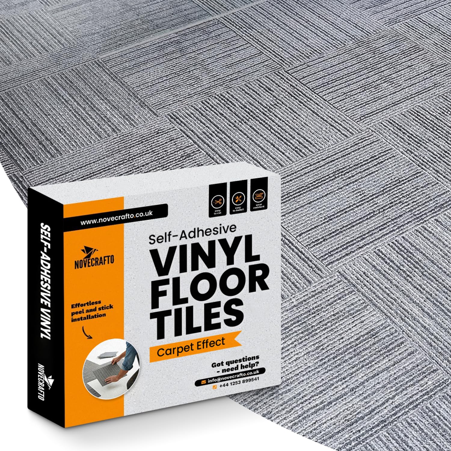 NOVECRAFTO Vinyl Floor Tiles Self-Adhesive – 30 Pack, 30 x 30cm (2.79m² Coverage) Carpet Effect Peel & Stick Floor Tiles – Easy to Clean Durable Vinyl Flooring for Kitchen, Living Room & Office (Grey) — image 1