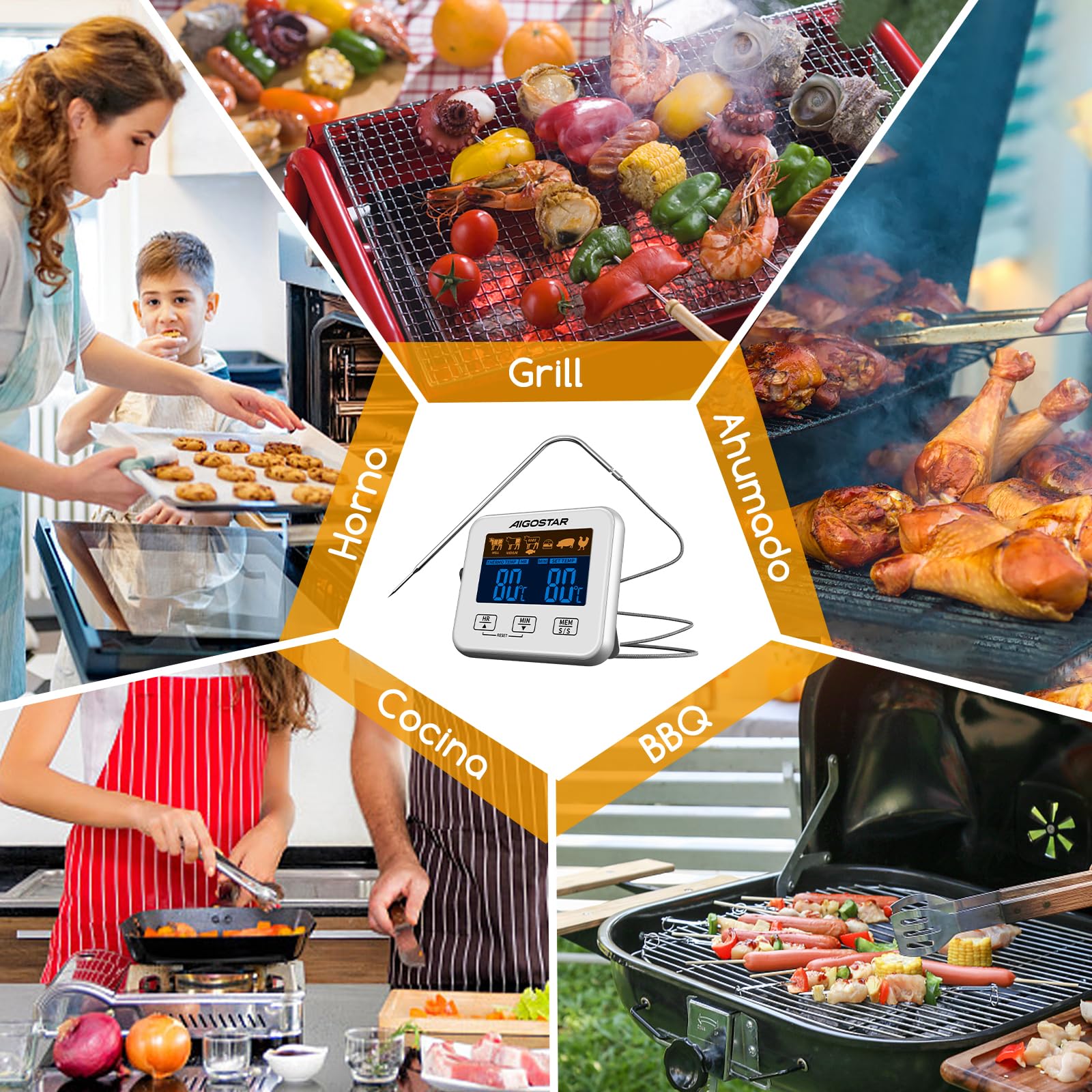 Aigostar Elliott - Termometro Cocina/Temporizador Cocina, Termómetro Digital de Cocina con Sonda y Temperatura Programable; Pantalla LCD, Objetivo con Alarma, Imanes de Fijación Para Horno.
